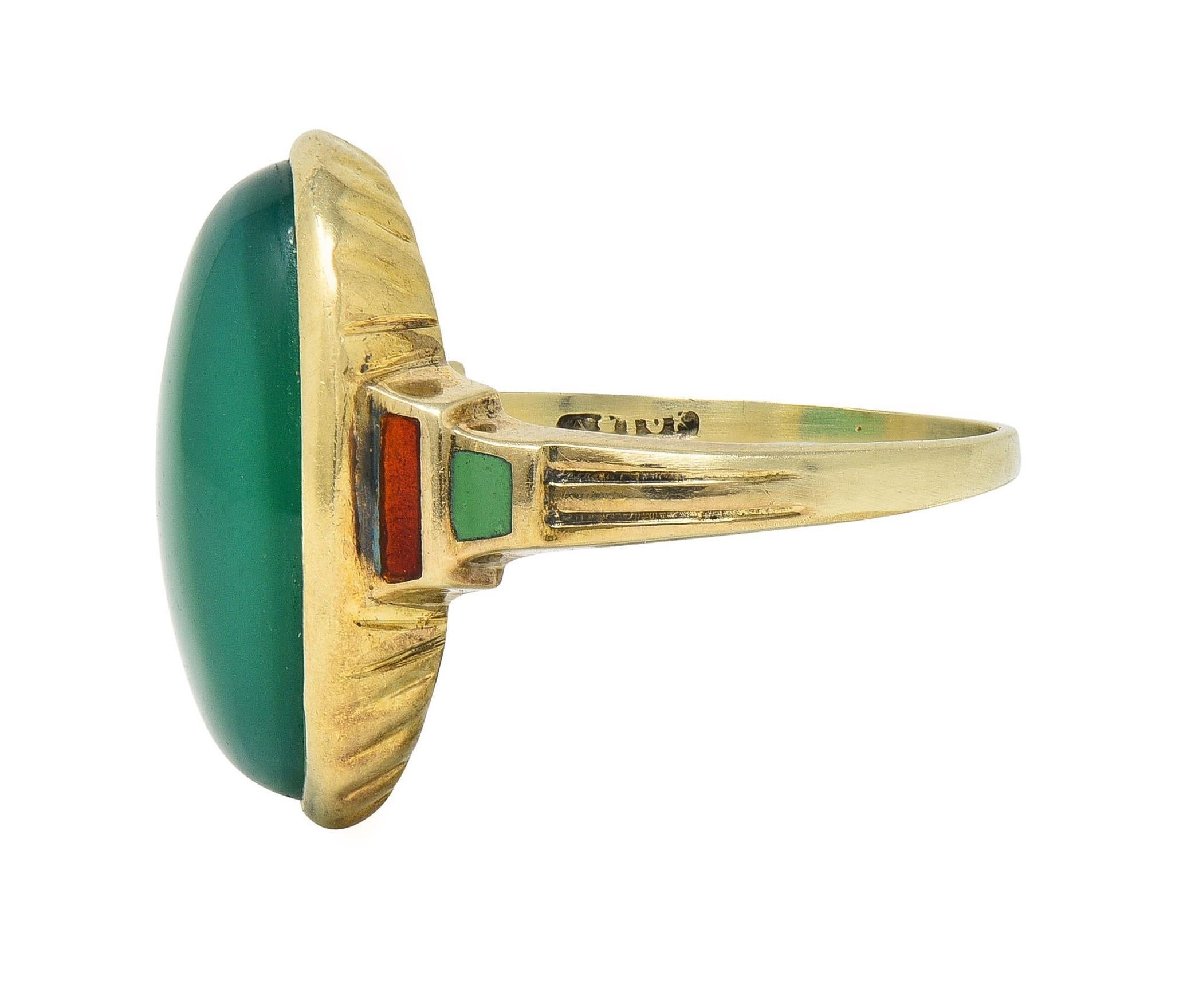 Women's or Men's Allsopp Bros. Art Deco Chrysoprase Enamel 14 Karat Yellow Gold Antique Ring For Sale