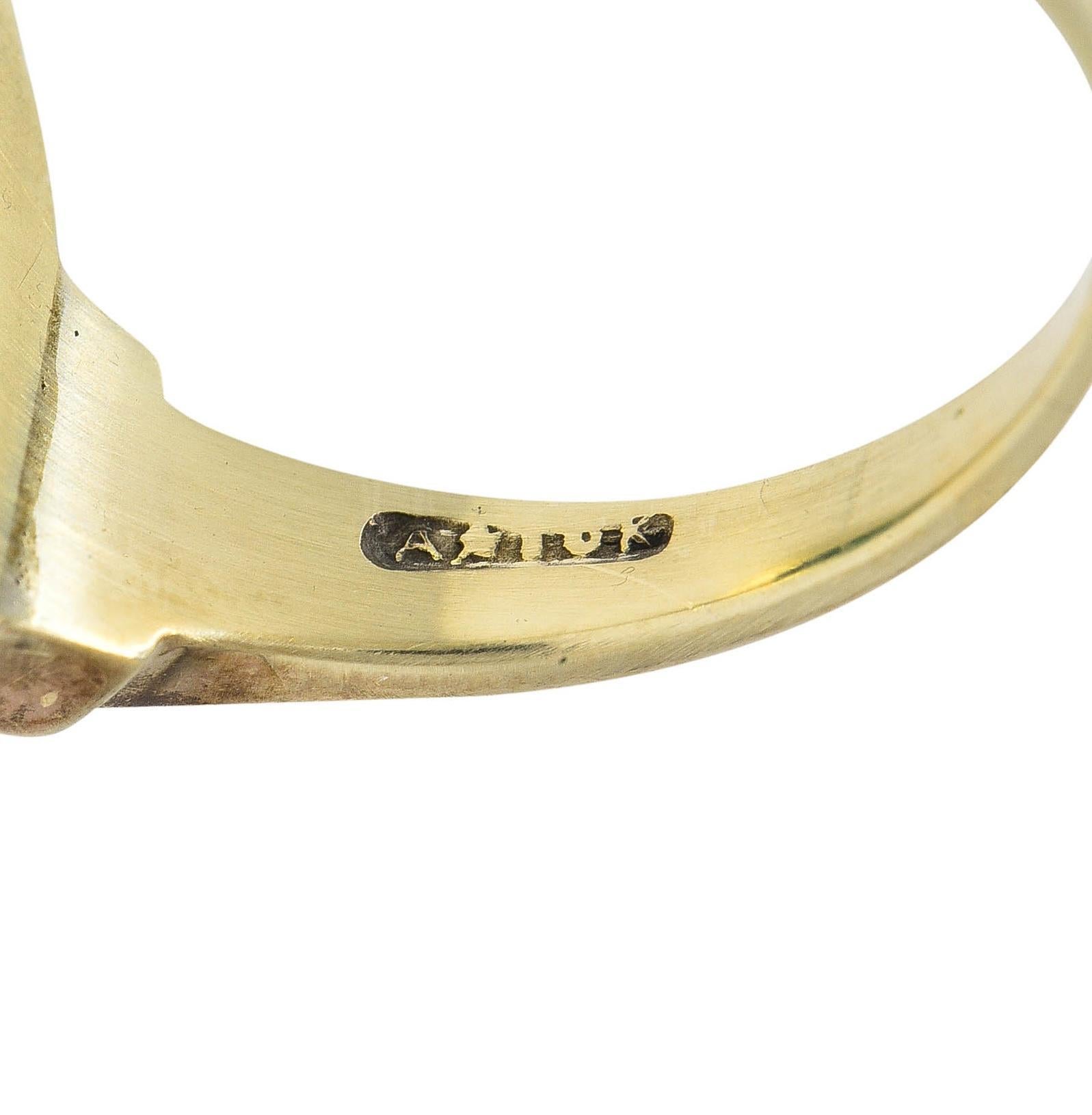 Allsopp Bros. Art Deco Chrysoprase Enamel 14 Karat Yellow Gold Antique Ring For Sale 2