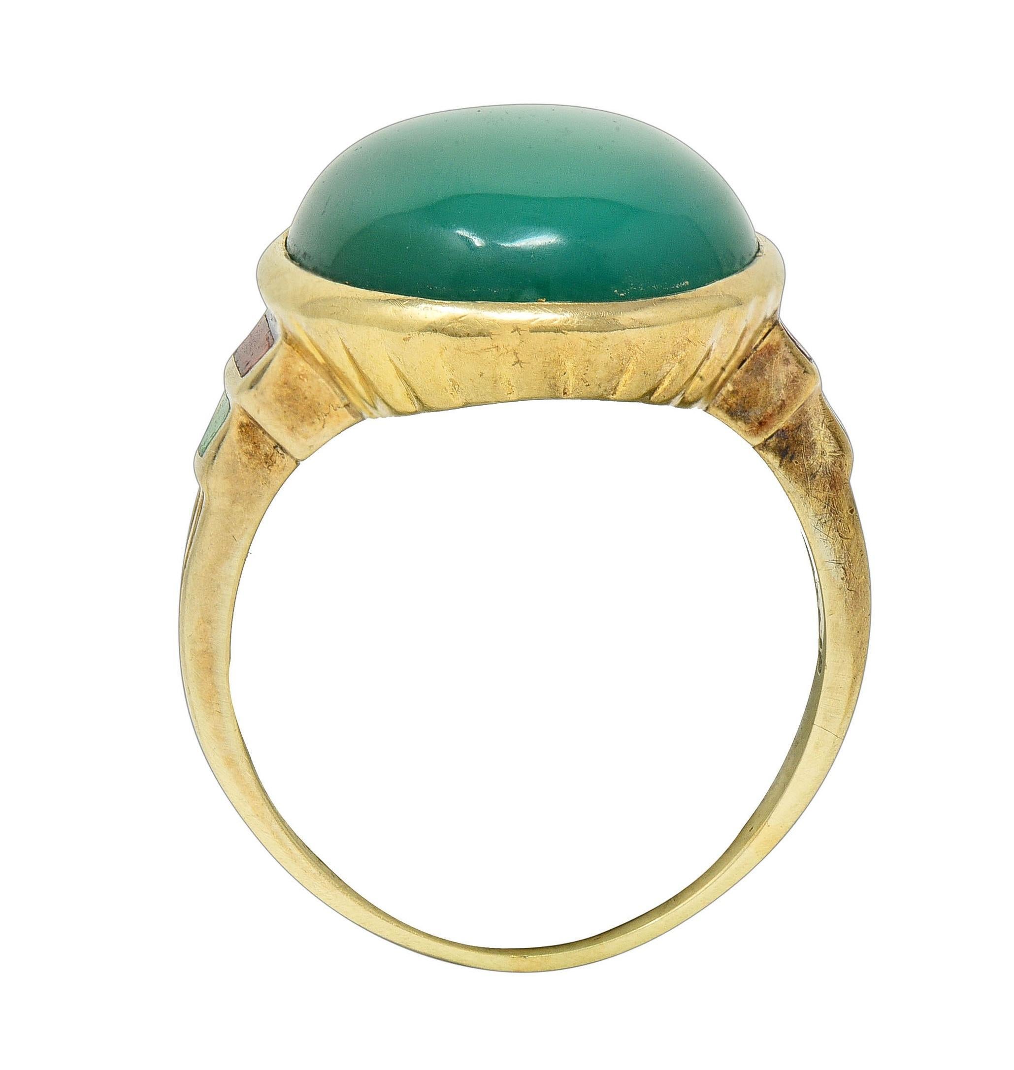 Allsopp Bros. Art Deco Chrysoprase Enamel 14 Karat Yellow Gold Antique Ring For Sale 4
