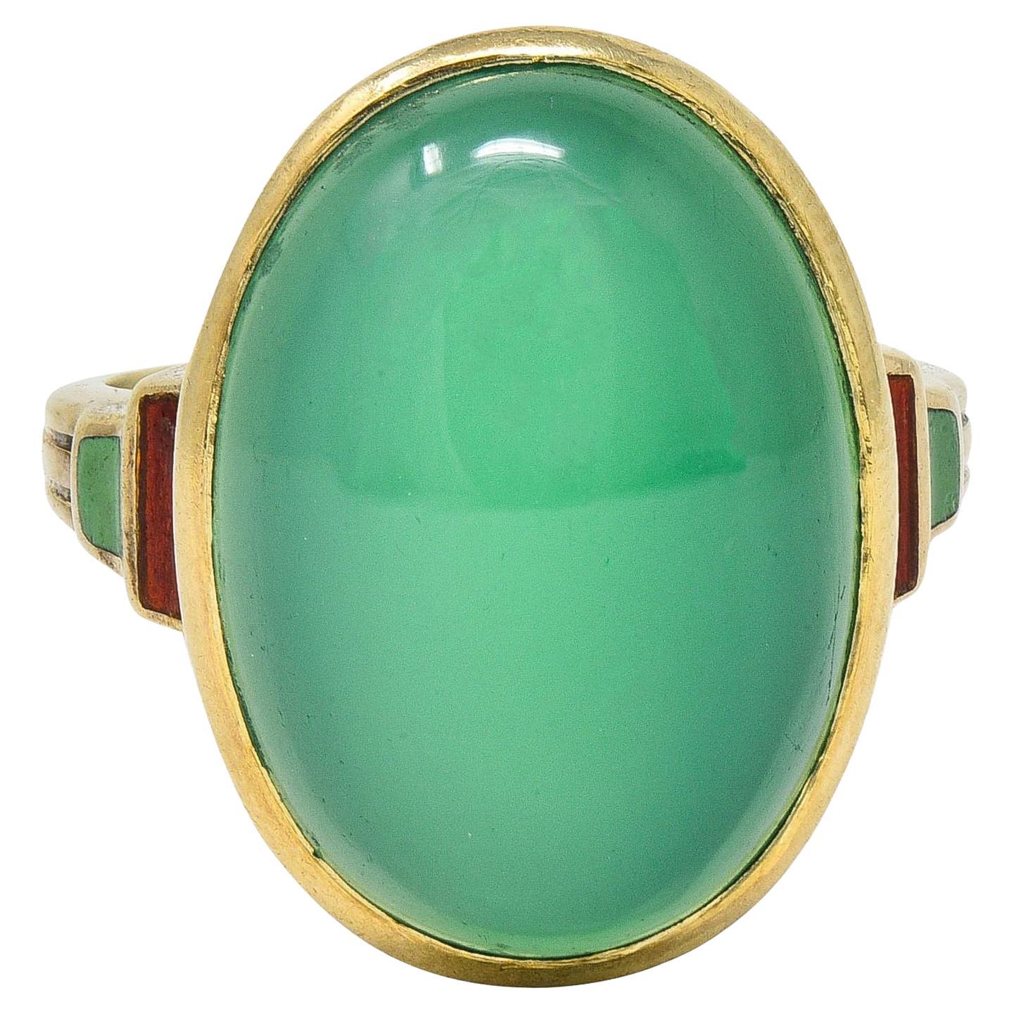 Allsopp Bros. Art Deco Chrysoprase Enamel 14 Karat Yellow Gold Antique Ring For Sale