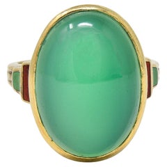 Allsopp Bros. Art Deco Chrysoprase Enamel 14 Karat Yellow Gold Antique Ring