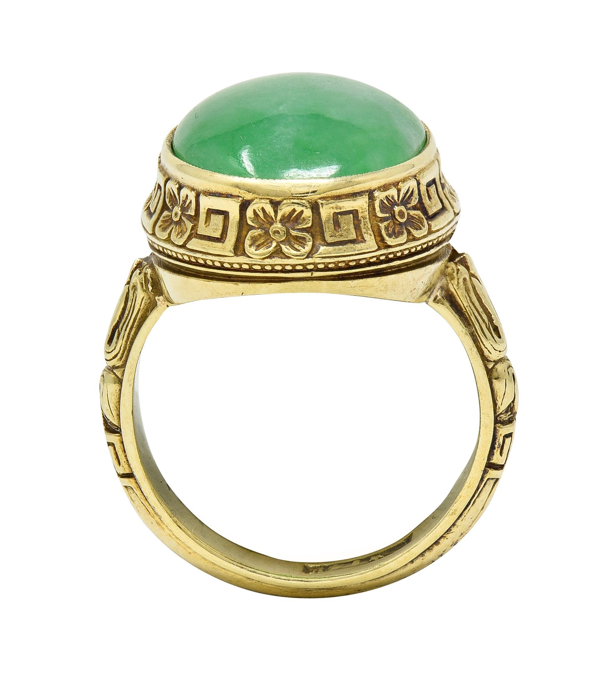 Allsopp Bros. Art Deco Natural Jade 14 Karat Yellow Gold Orange Blossom Ring GIA For Sale 6