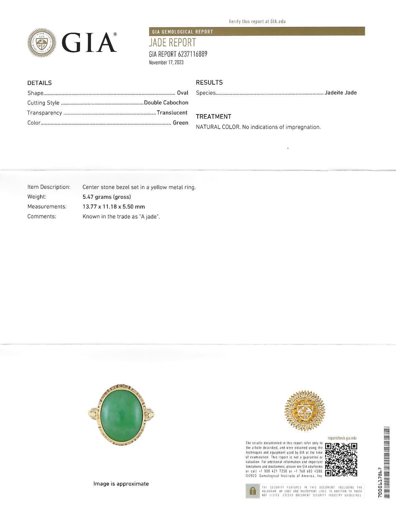 Allsopp Bros. Art Deco Natural Jade 14 Karat Yellow Gold Orange Blossom Ring GIA For Sale 8