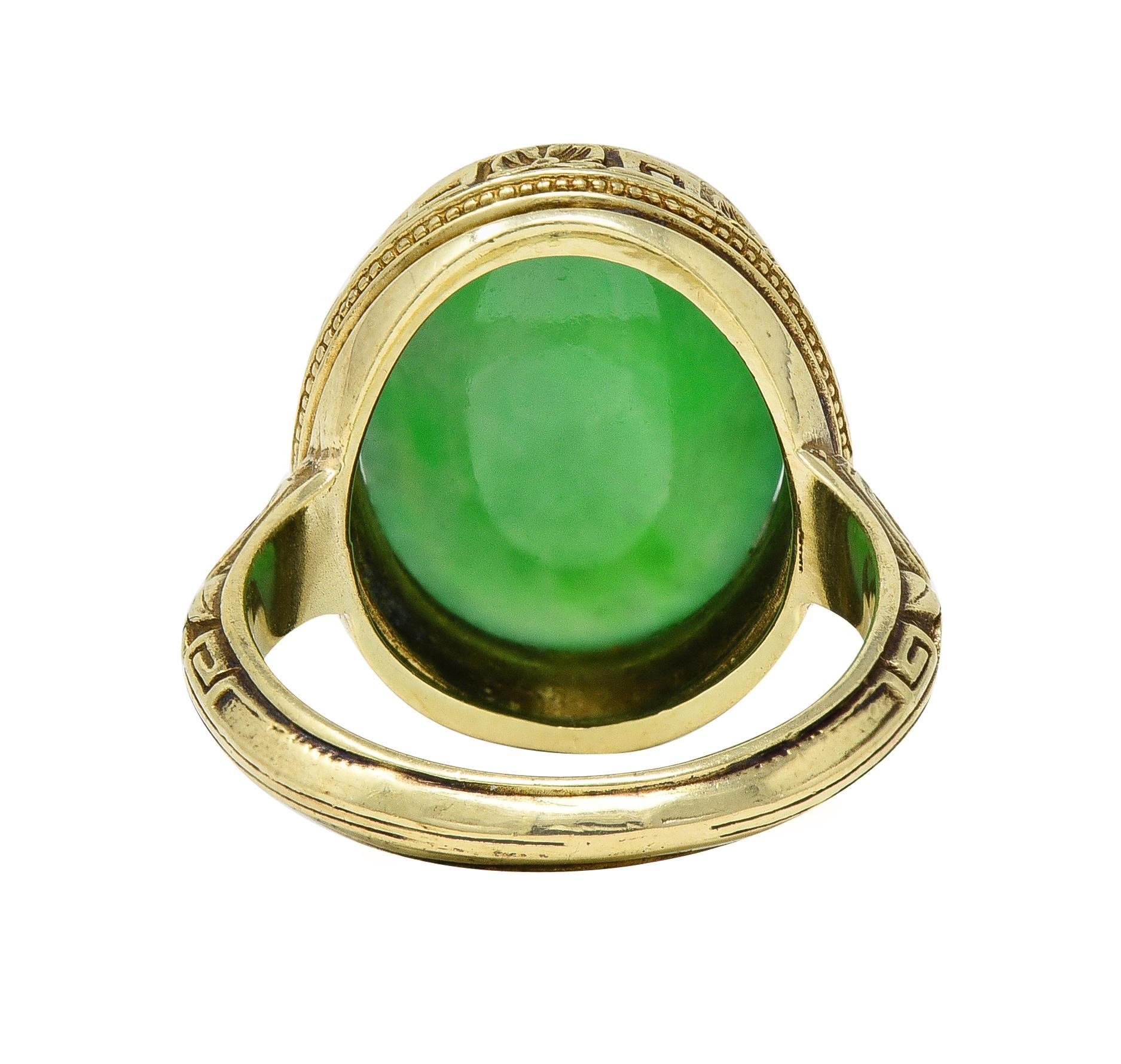 Women's or Men's Allsopp Bros. Art Deco Natural Jade 14 Karat Yellow Gold Orange Blossom Ring GIA For Sale