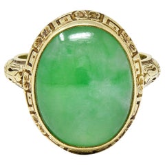 Allsopp Bros. Art Deco Natürliche Jade 14 Karat Gelbgold Orange Blossom Ring GIA