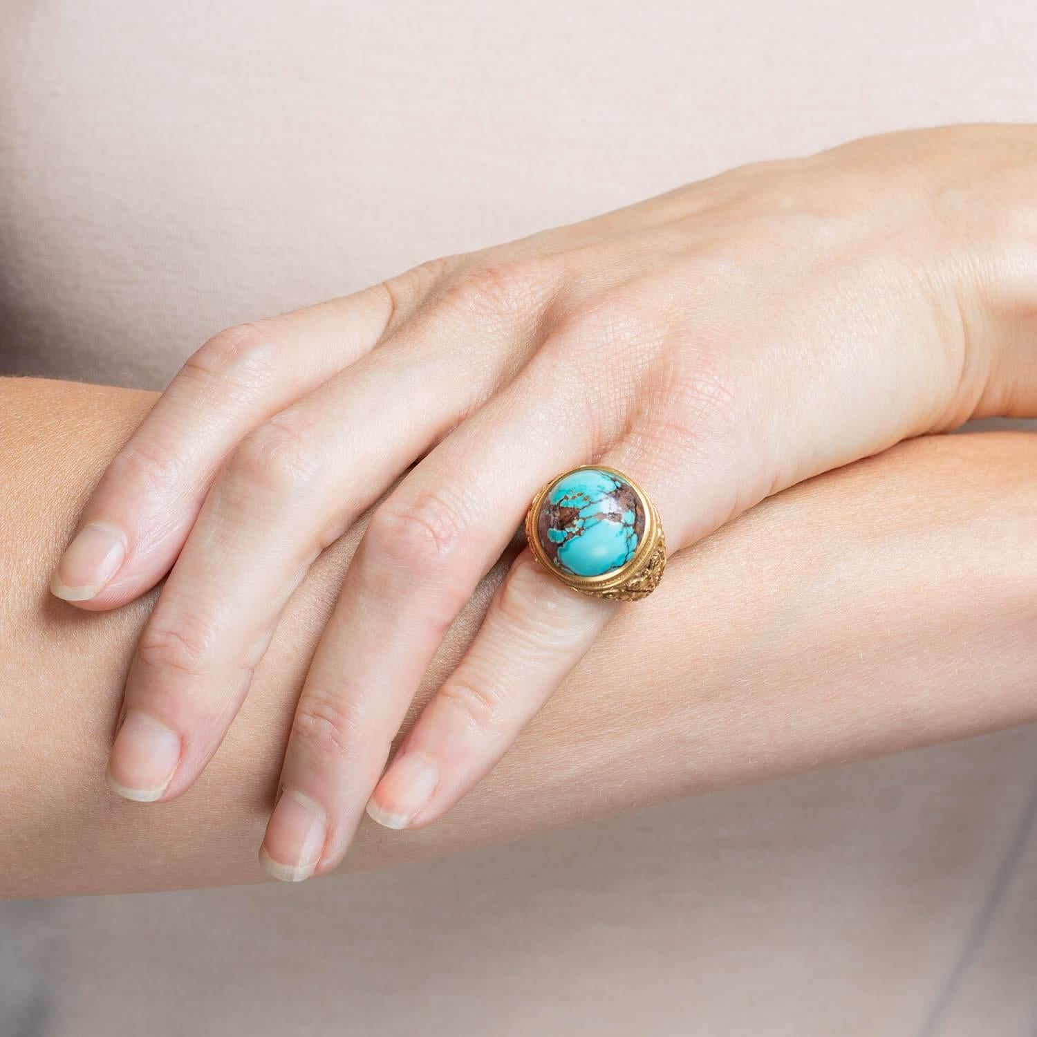 Allsopp Bros. Art Nouveau 14 Karat Yellow Gold Turquoise Matrix Ring In Good Condition In Narberth, PA