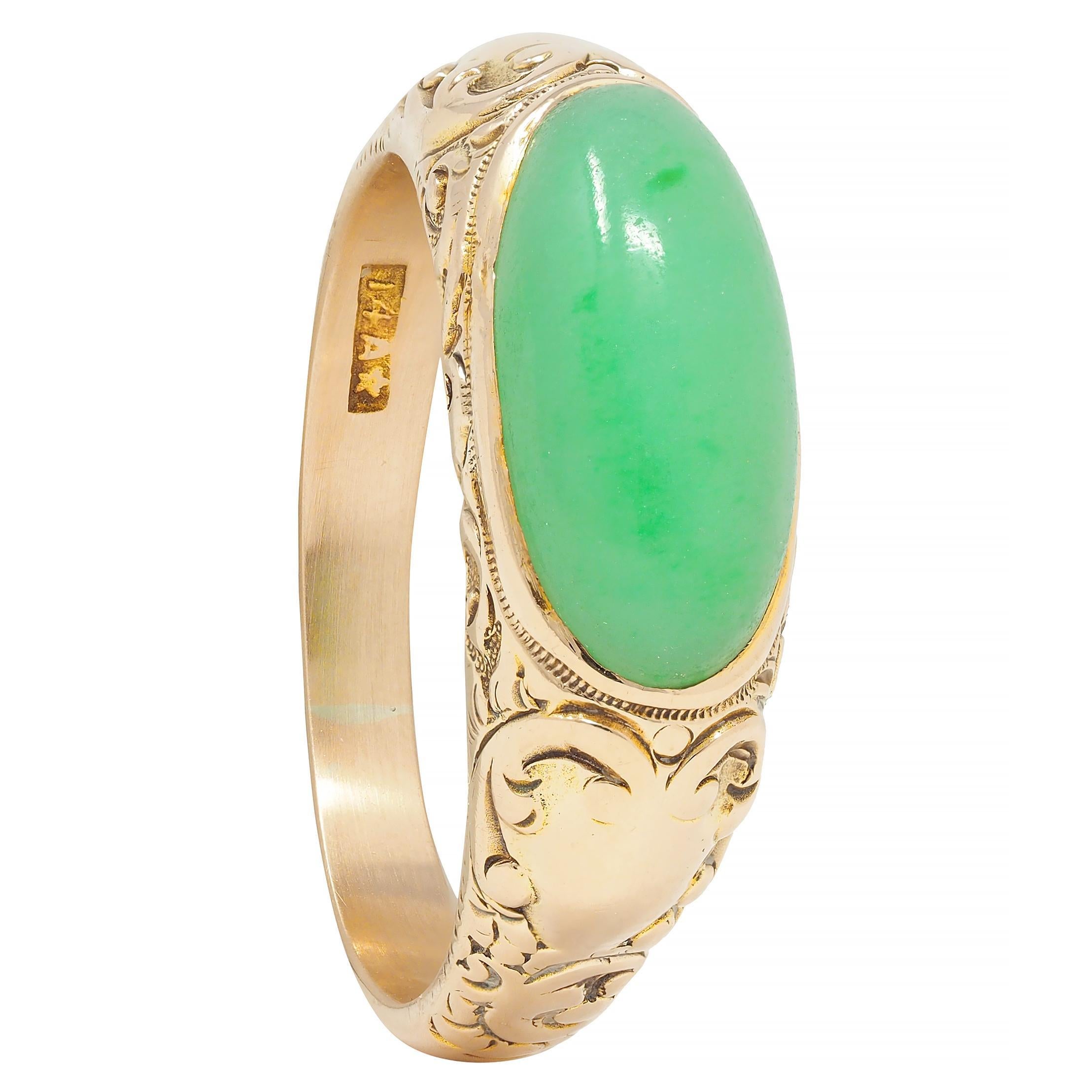 Allsopp Bros. Art Nouveau Jade 14 Karat Yellow Gold Antique Unisex Signet Ring 7