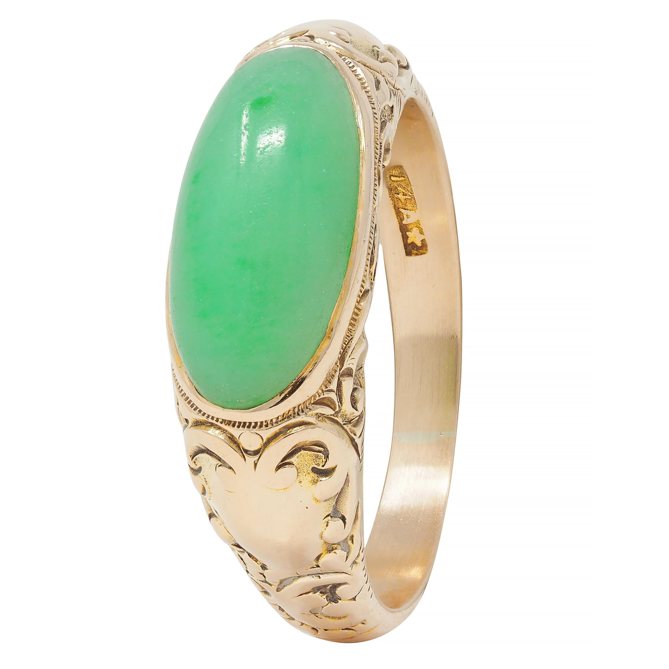 Allsopp Bros. Art Nouveau Jade 14 Karat Yellow Gold Antique Unisex Signet Ring 5