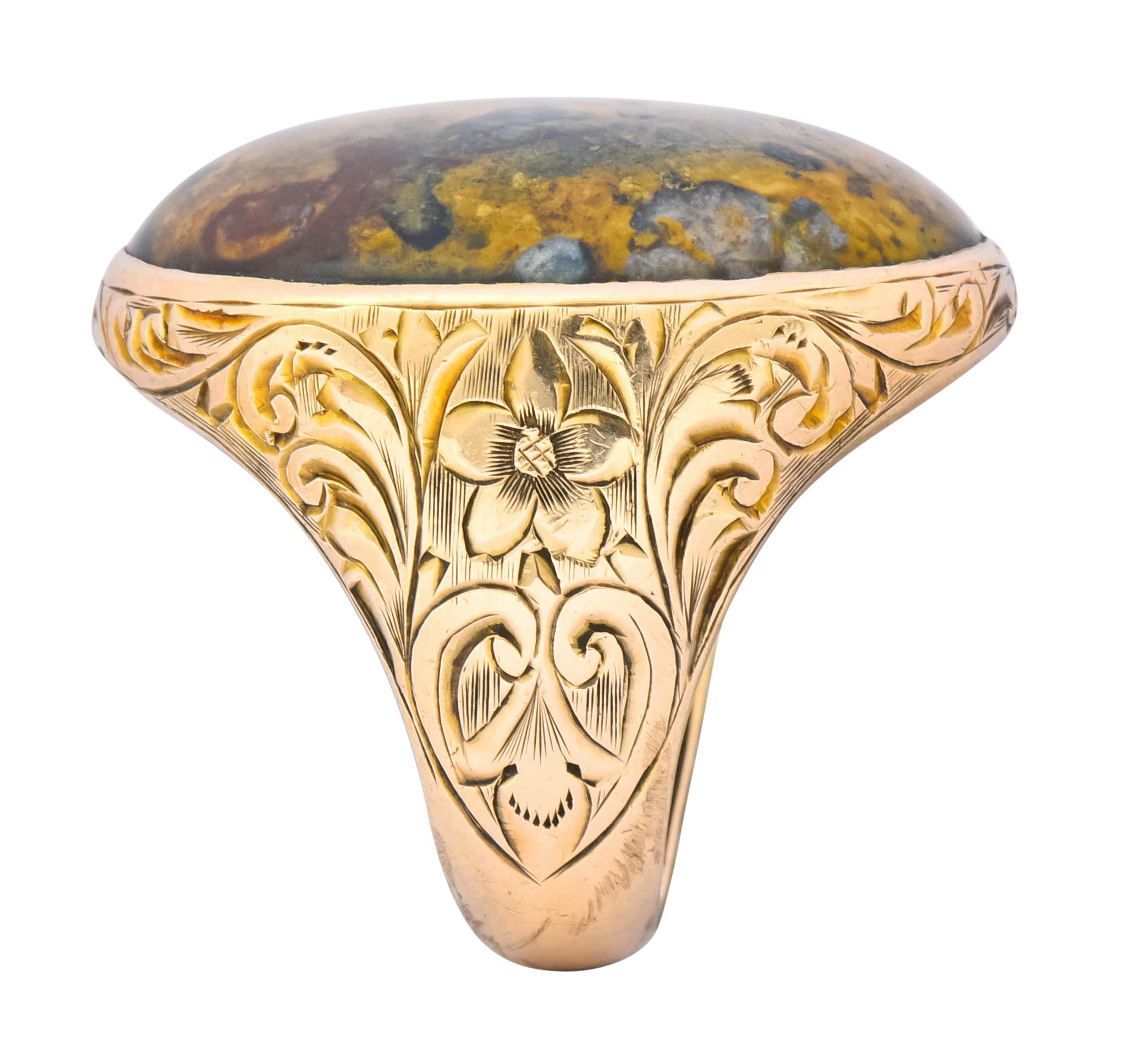 Women's or Men's Allsopp Bros. Art Nouveau Jasper Cabochon 14 Karat Gold Ring