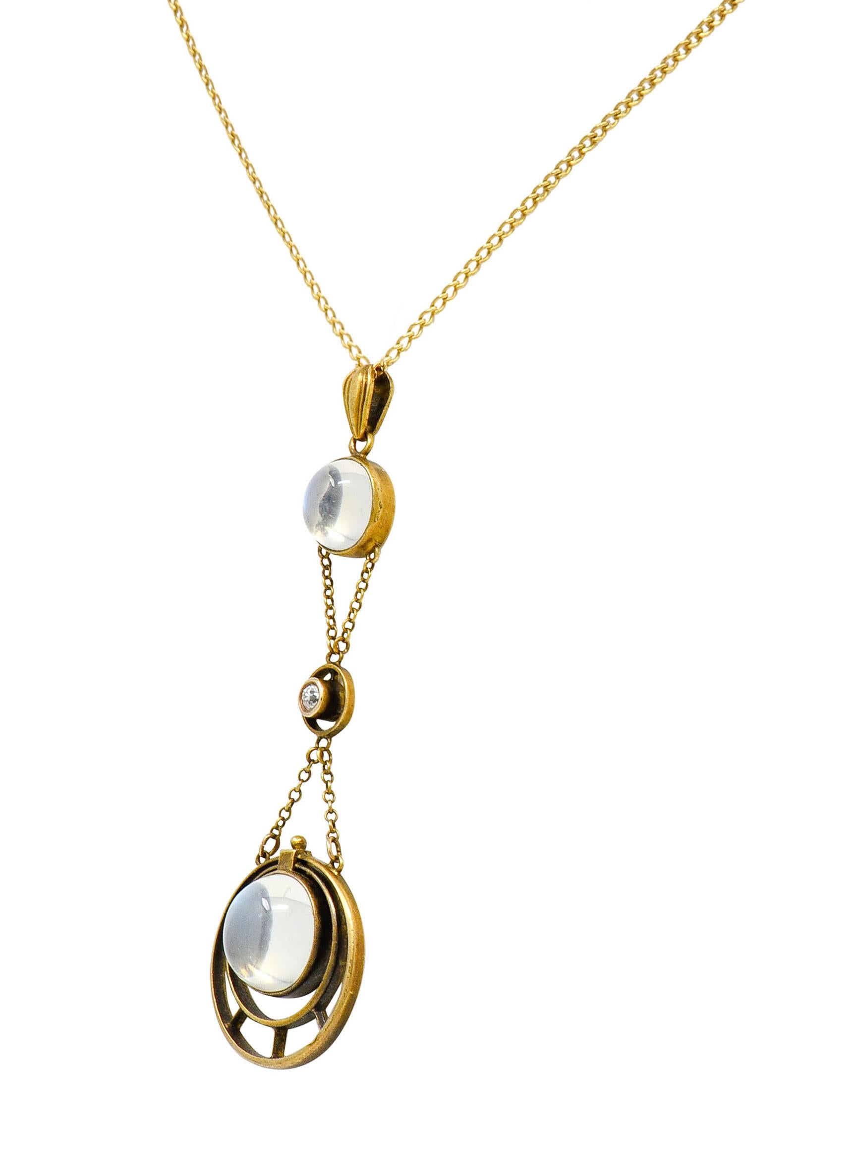 Old European Cut Allsopp & Son Art Nouveau Moonstone Diamond 14 Karat Gold Drop Swag Necklace
