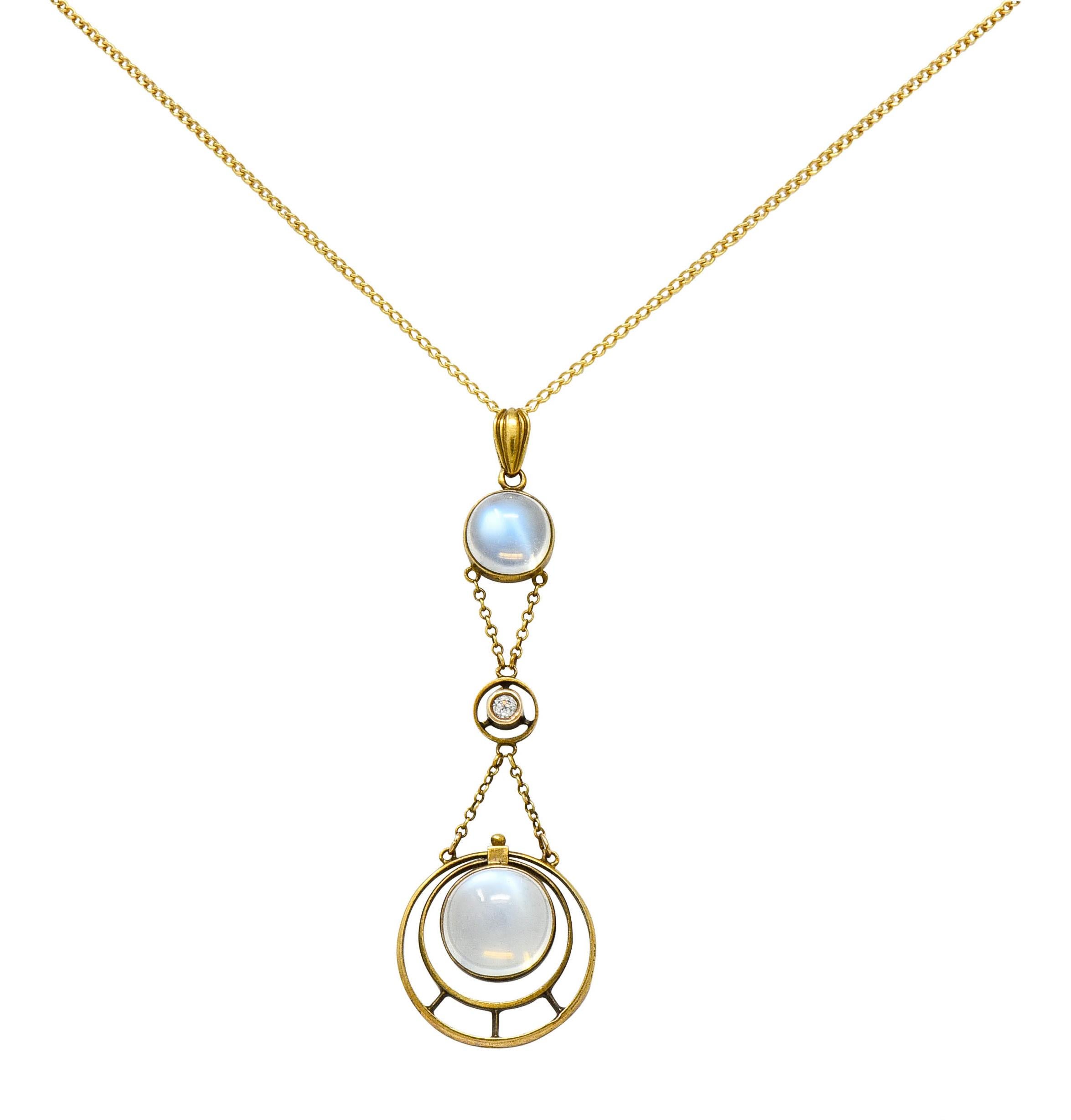 Allsopp & Son Art Nouveau Moonstone Diamond 14 Karat Gold Drop Swag Necklace 3