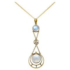 Antique Allsopp & Son Art Nouveau Moonstone Diamond 14 Karat Gold Drop Swag Necklace