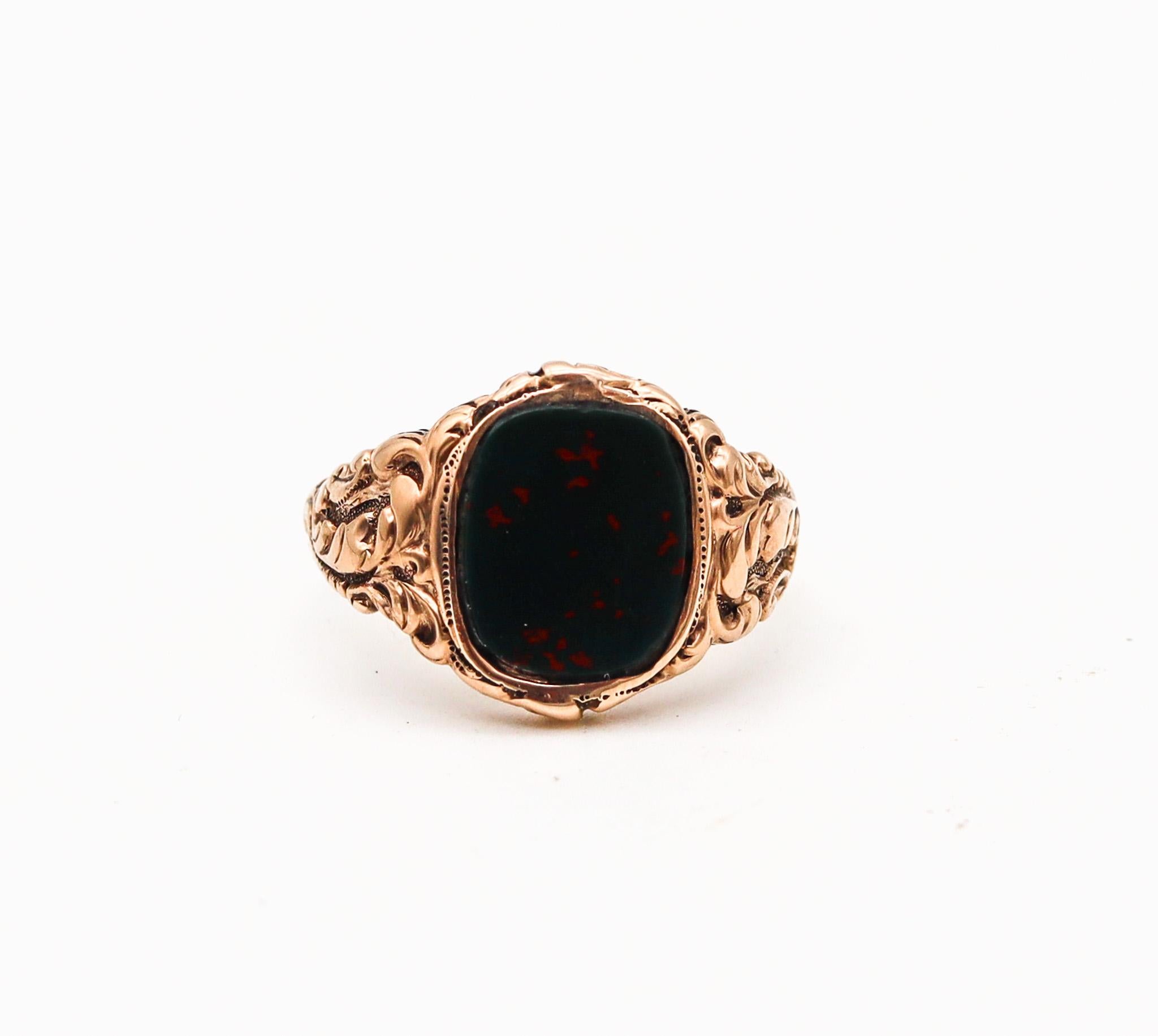 Cabochon Allsopp-Steller 1900 Art Nouveau Signet Ring In 18Kt Gold With Oval Bloodstone For Sale