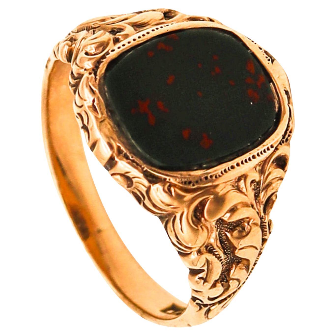 Allsopp-Steller 1900 Art Nouveau Signet Ring In 18Kt Gold With Oval Bloodstone For Sale