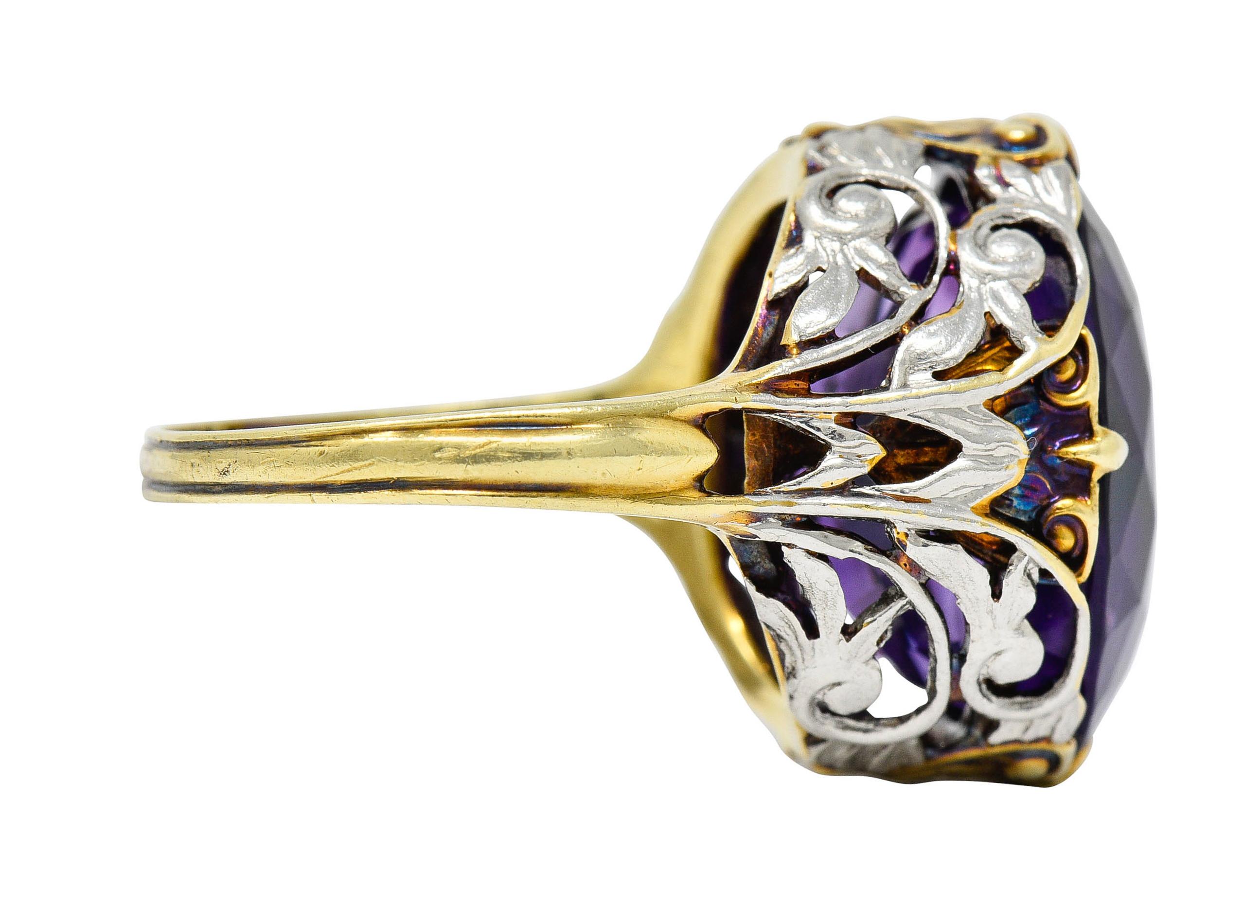 Edwardian Allsopp-Steller Amethyst 14 Karat Two-Tone Gold Scrolled Foliate Ring