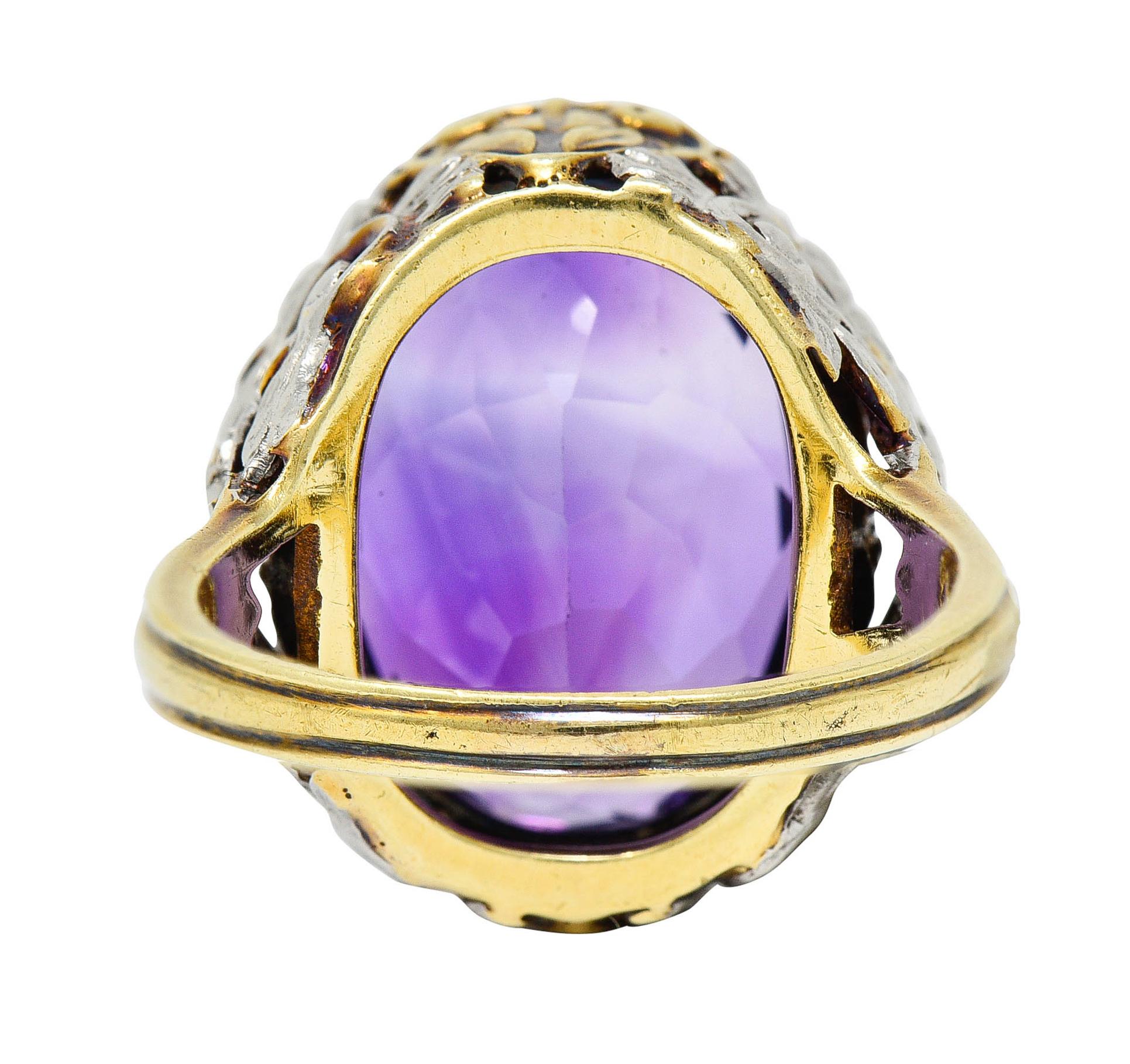 Oval Cut Allsopp-Steller Amethyst 14 Karat Two-Tone Gold Scrolled Foliate Ring