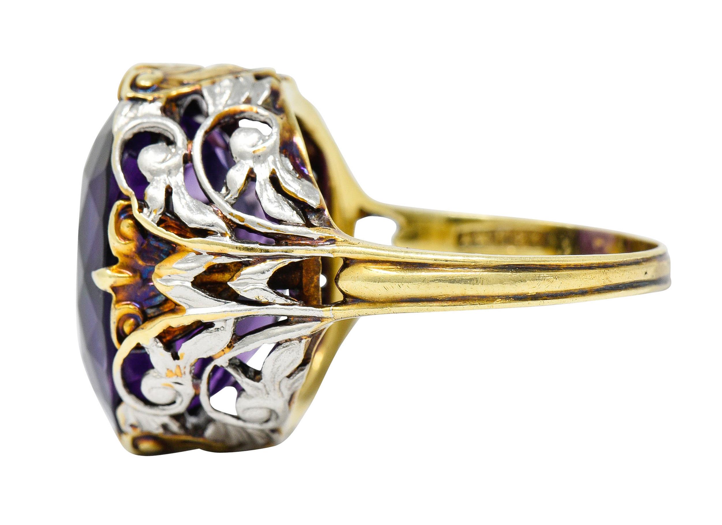 Allsopp-Steller Amethyst 14 Karat Two-Tone Gold Scrolled Foliate Ring In Excellent Condition In Philadelphia, PA