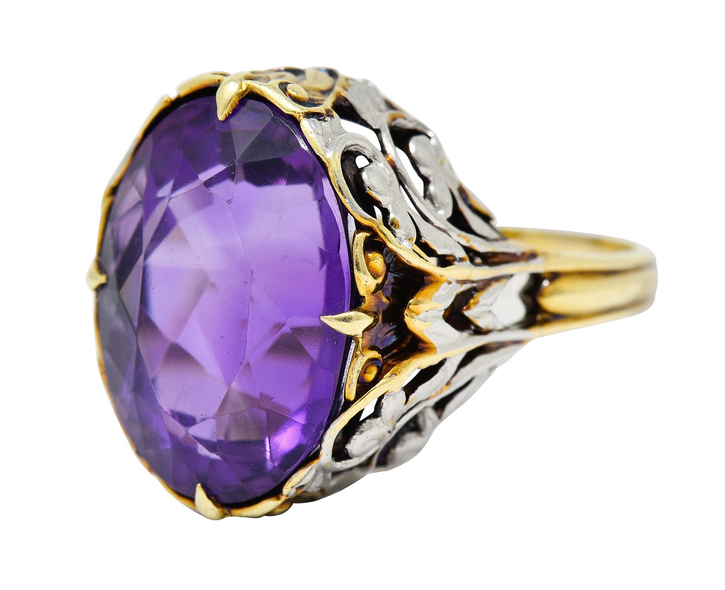 Women's or Men's Allsopp-Steller Amethyst 14 Karat Two-Tone Gold Scrolled Foliate Ring