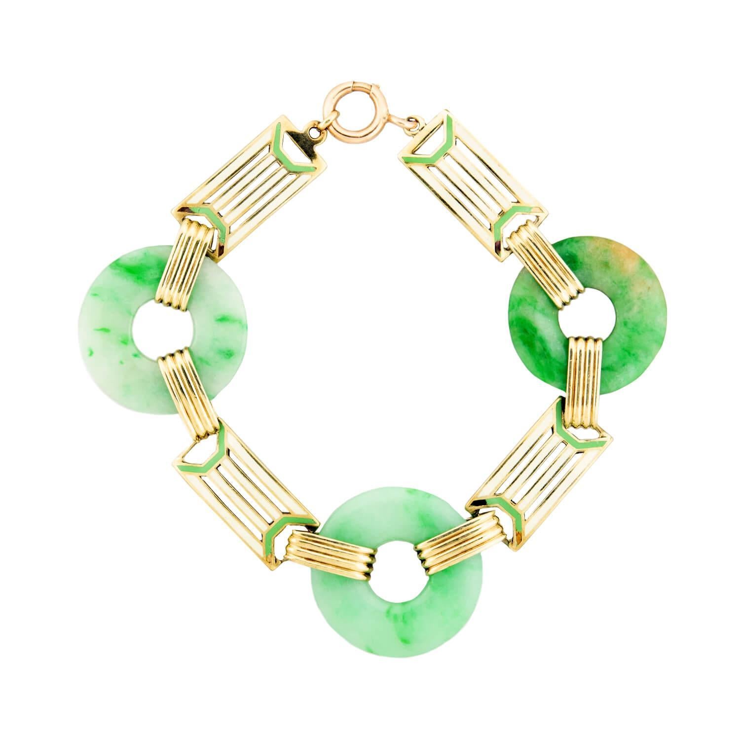 ALLSOPP-STELLER INC Bracelet à maillons Art déco en jade cercles d'émail Excellent état - En vente à Narberth, PA