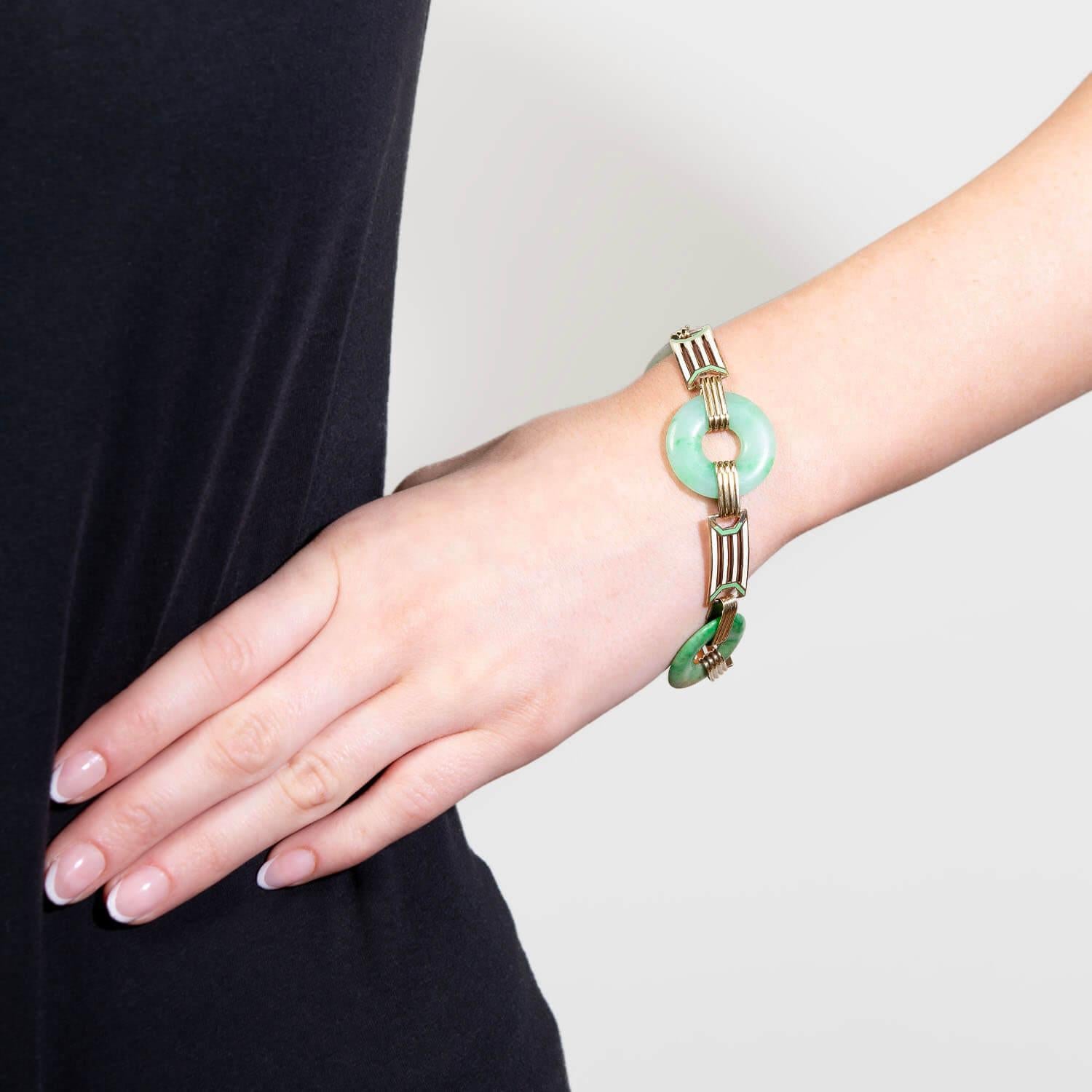 ALLSOPP-STELLER INC Bracelet à maillons Art déco en jade cercles d'émail en vente 1