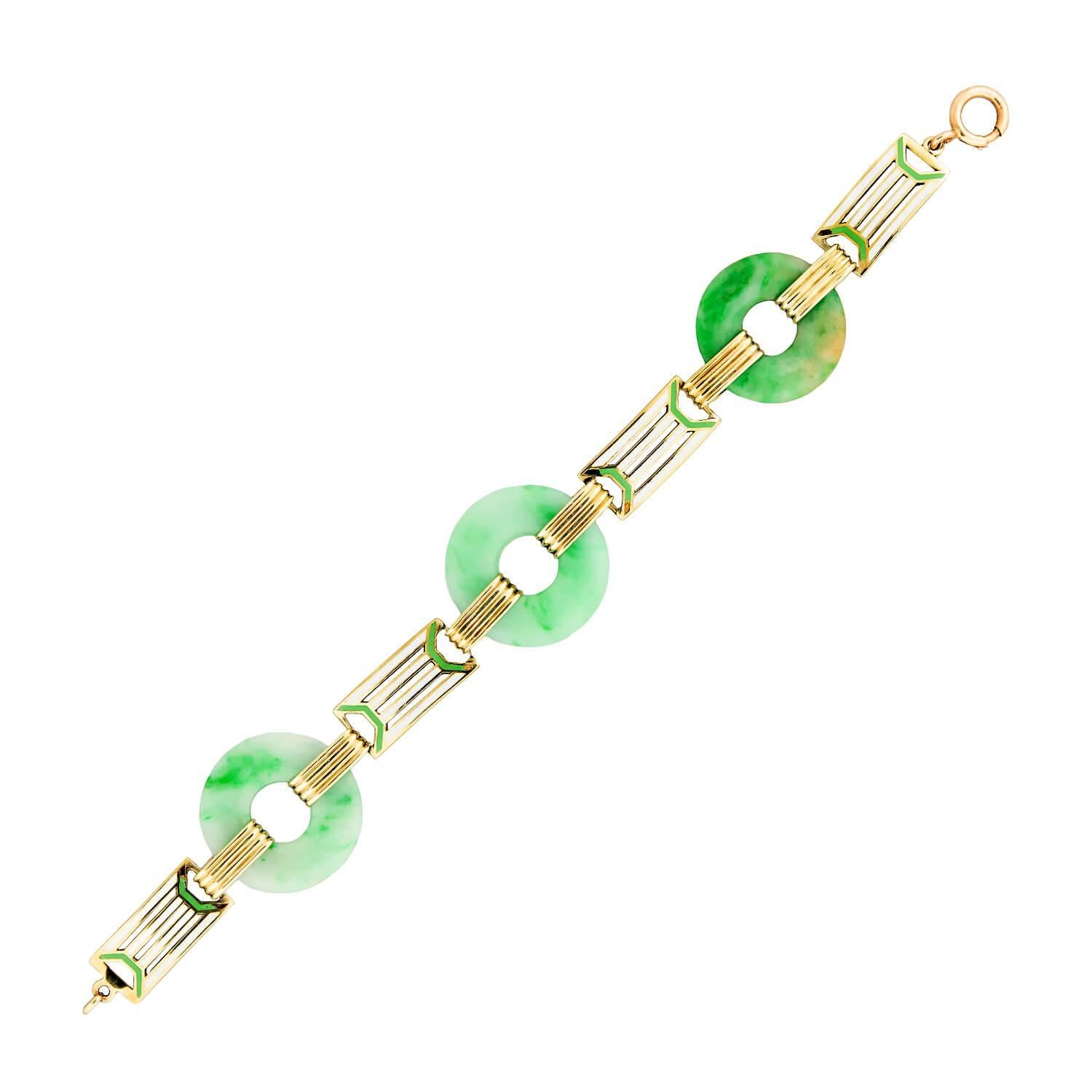 ALLSOPP-STELLER INC Bracelet à maillons Art déco en jade cercles d'émail en vente