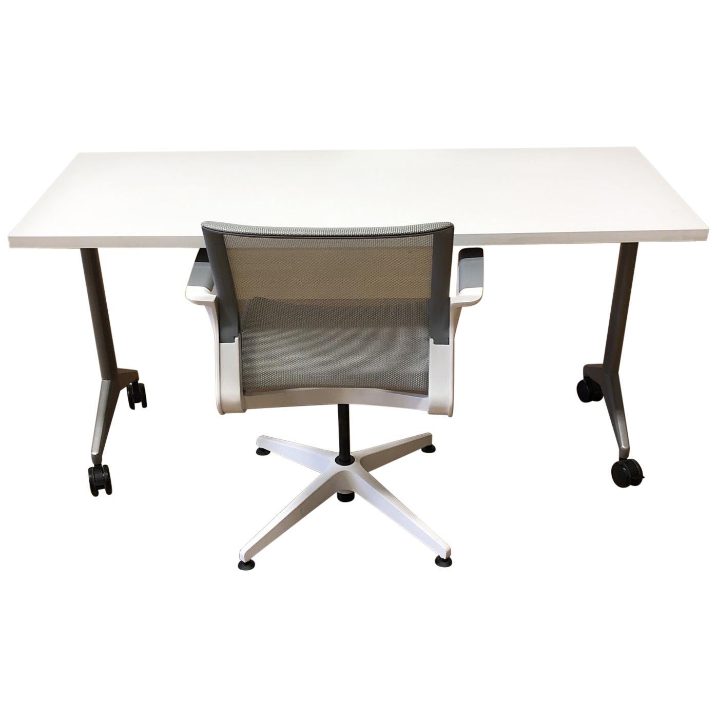 Allsteel White Folding Aware Table and Chair For Sale