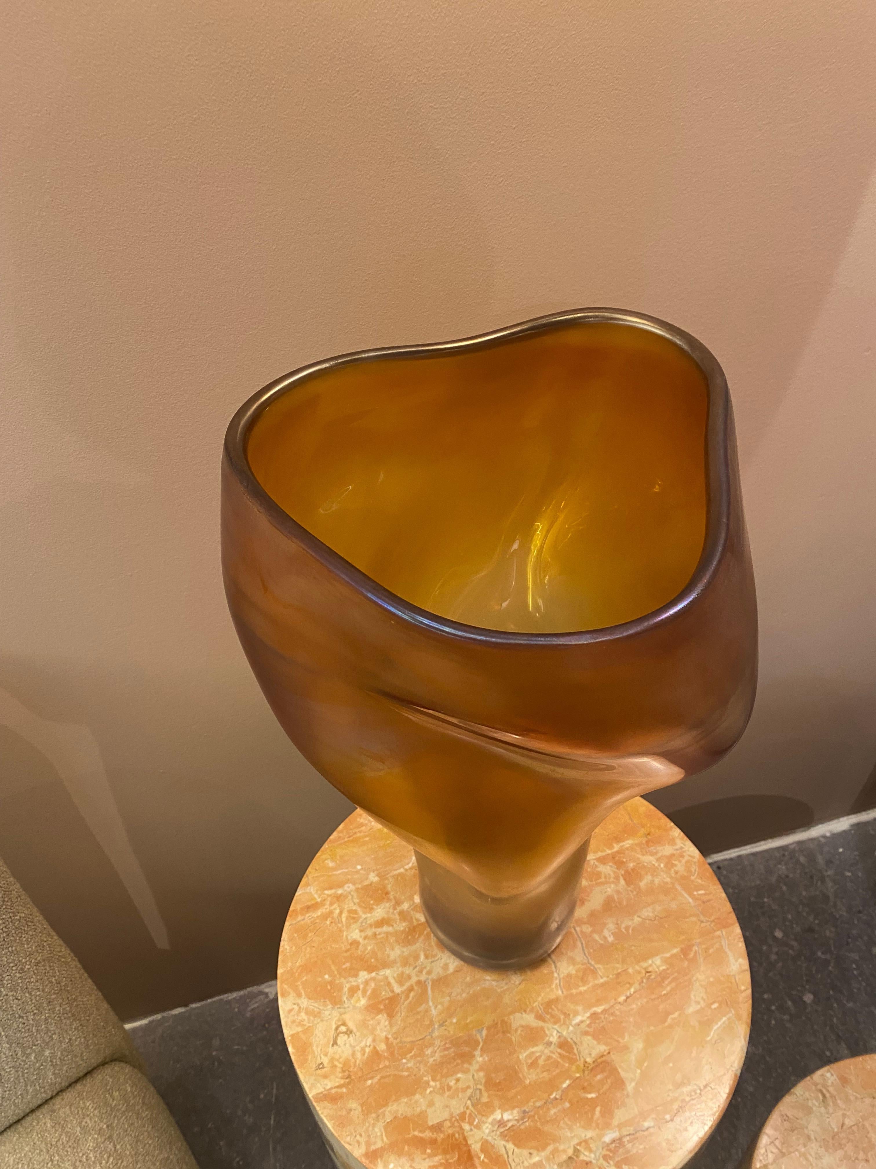 Italian Allungato Handblown Murano Glass Vase, Amber For Sale