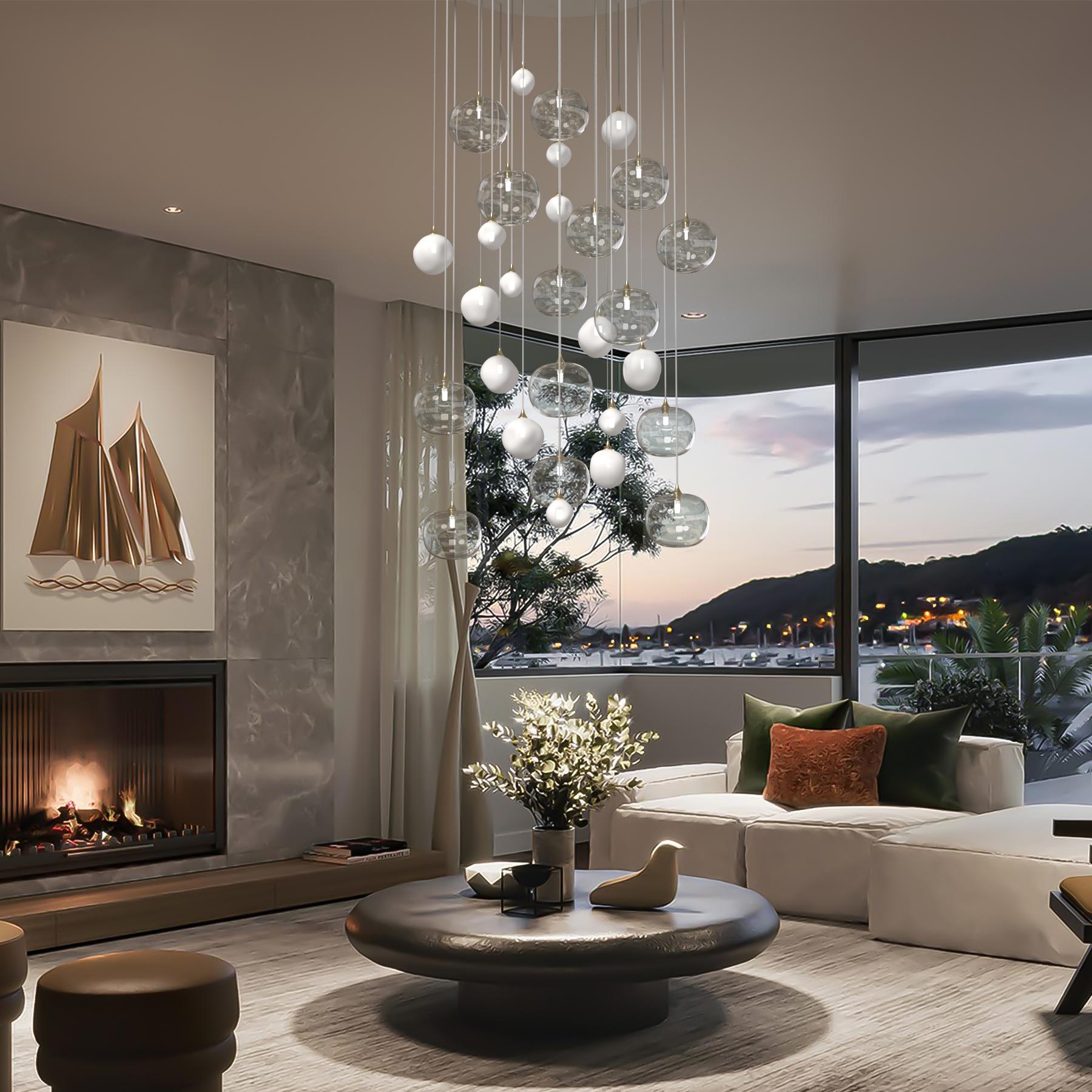 Modern Allure Chandelier Clear Globes and Frosted White Geometric hand-blown glass. LED For Sale