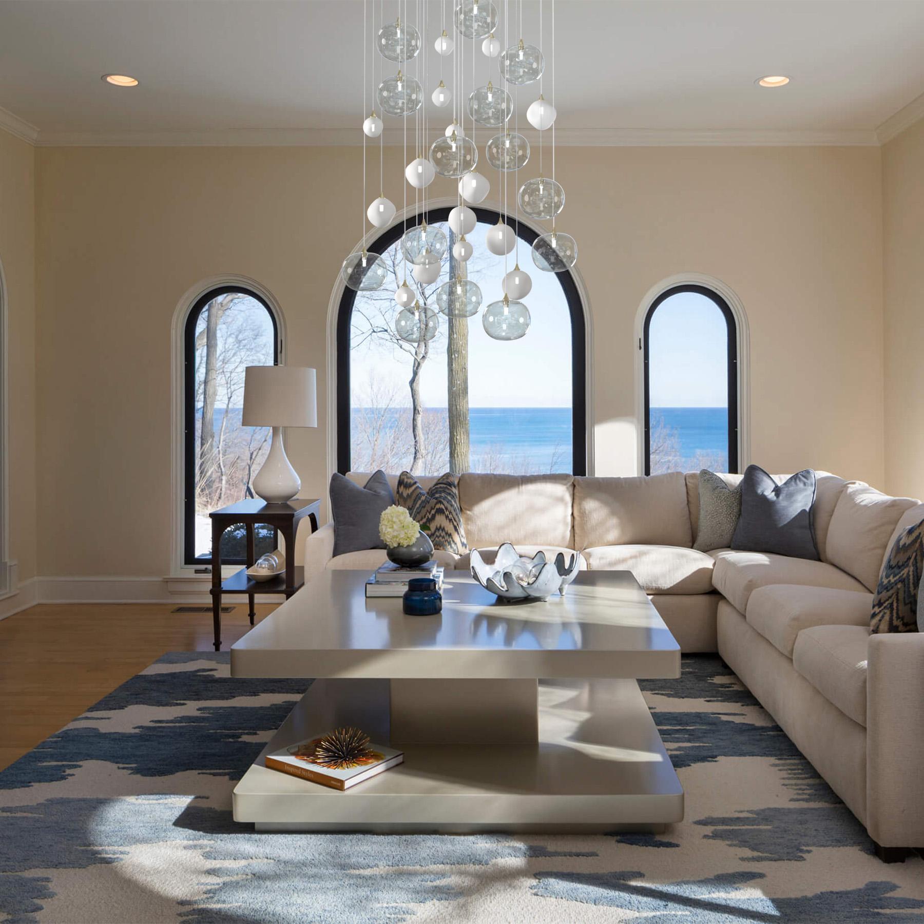 American Allure Chandelier Clear Globes and Frosted White Geometric hand-blown glass. LED For Sale