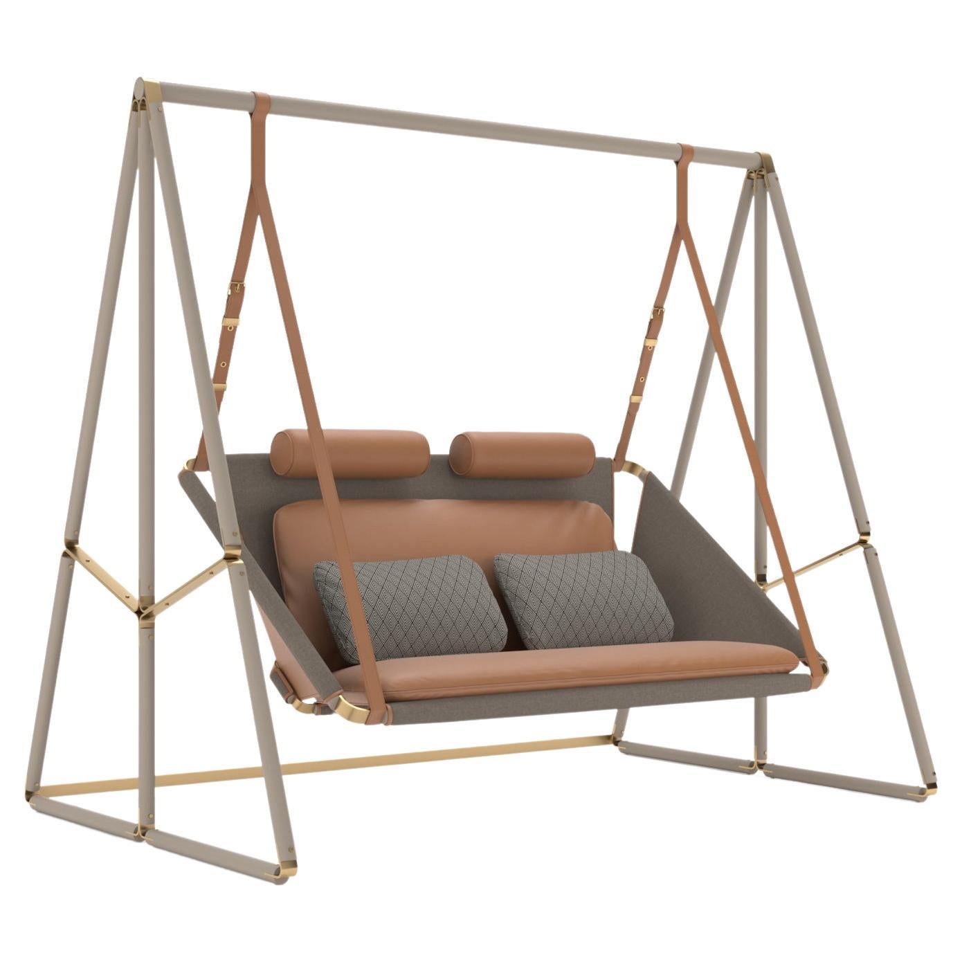 Modern Outdoor Swing in brown leather and black fabric For Sale