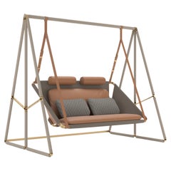 Modern Outdoor Swing in brown leather and black fabric