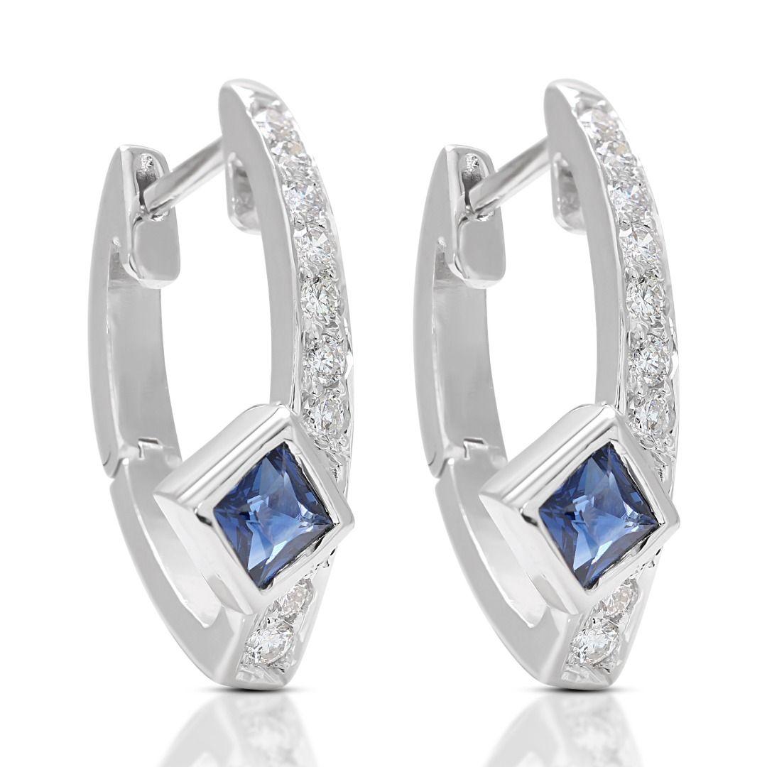Princess Cut Alluring 0.70ct Sapphire and Diamond Earrings in 18K White Gold For Sale
