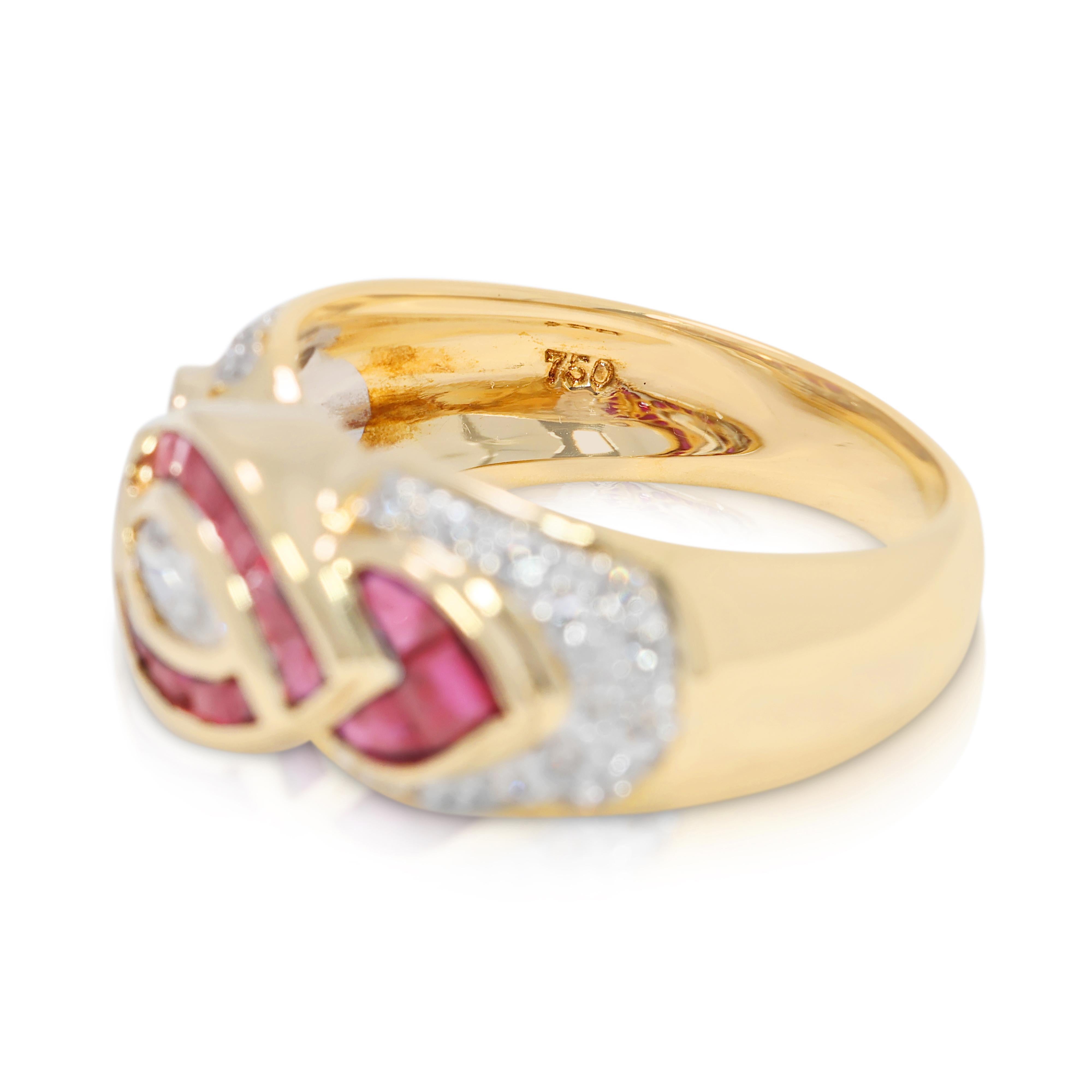 Taglio princess Anello con rubino e diamanti naturali da 0,7 carati in stile infinito in oro giallo 18 carati in vendita