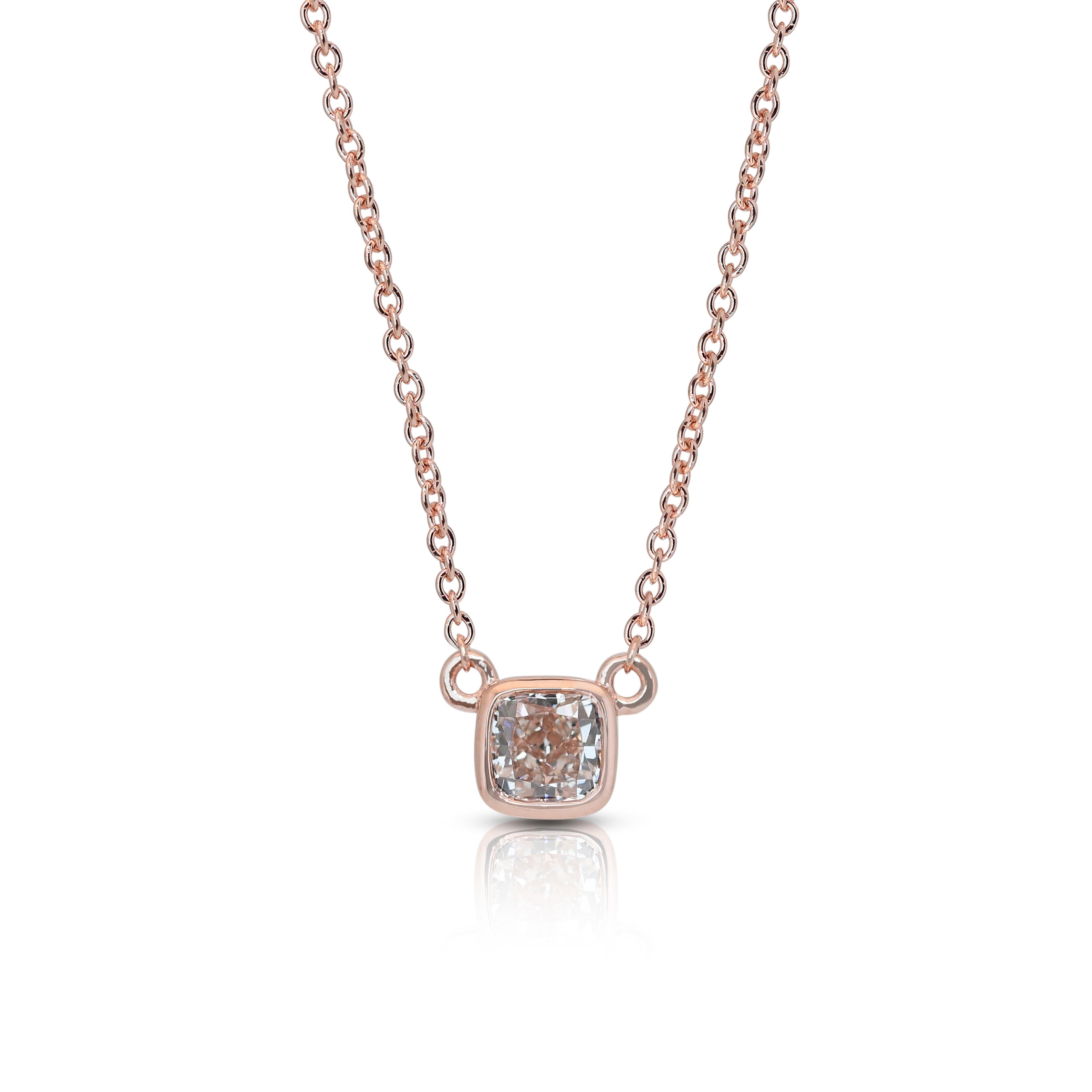 Cushion Cut Alluring 0.81ct Diamond Solitaire Necklace with Pendant in 14k Rose Gold - IGI
