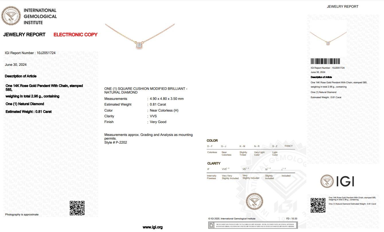 Alluring 0.81ct Diamond Solitaire Necklace with Pendant in 14k Rose Gold - IGI 1