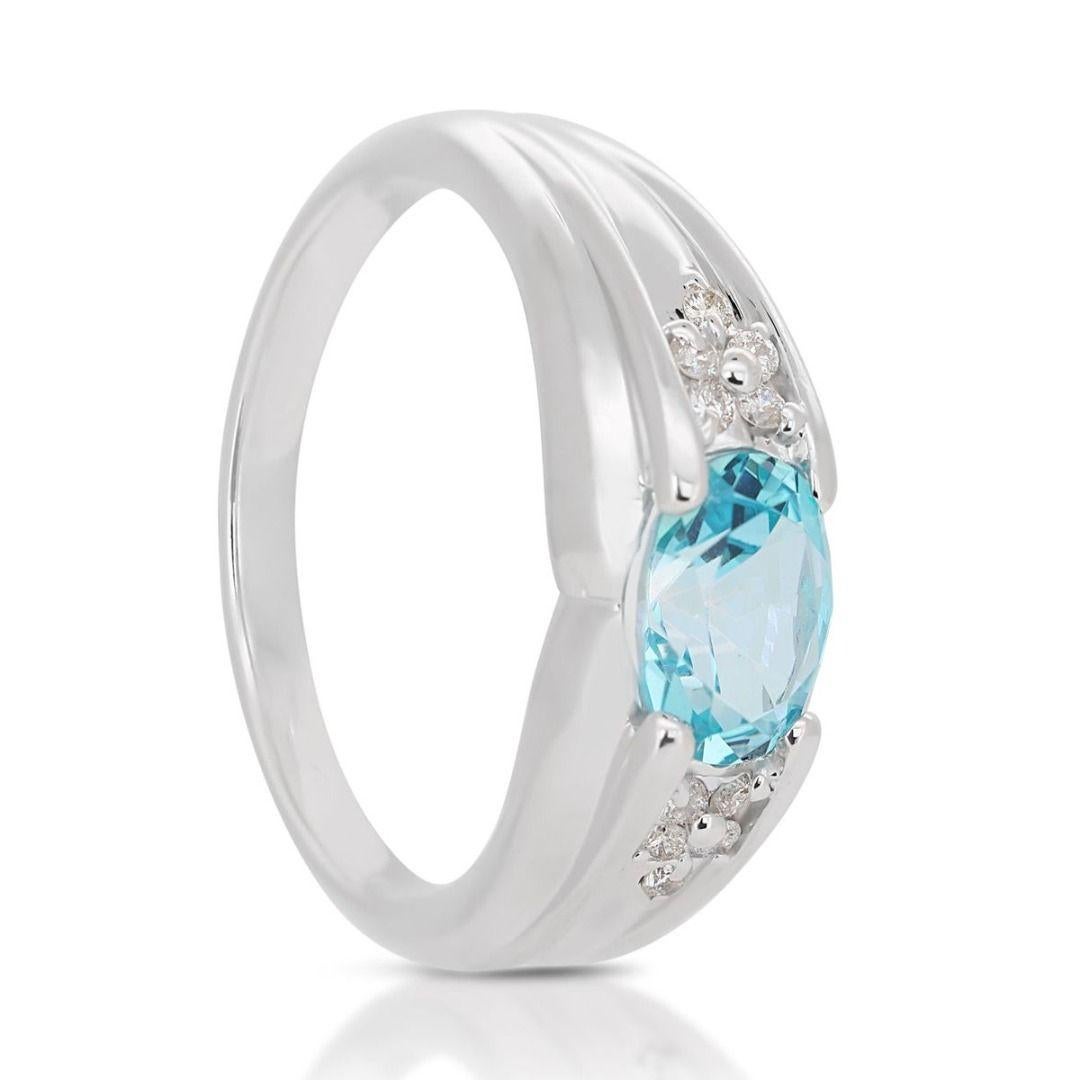 Alluring 0.96 Blue Topaz Ring with Side Diamonds in 18K White Gold In New Condition For Sale In רמת גן, IL