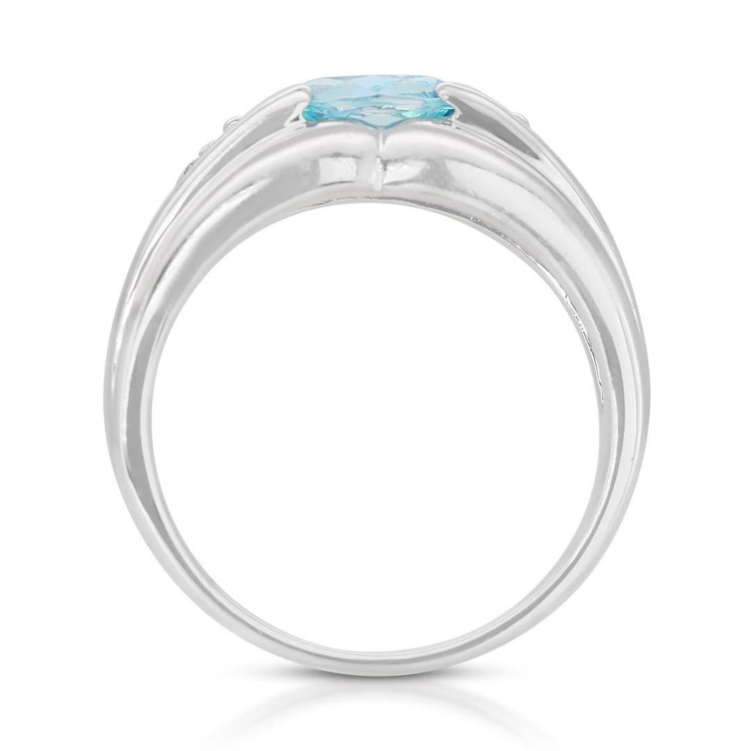 Alluring 0.96 Blue Topaz Ring with Side Diamonds in 18K White Gold For Sale 1