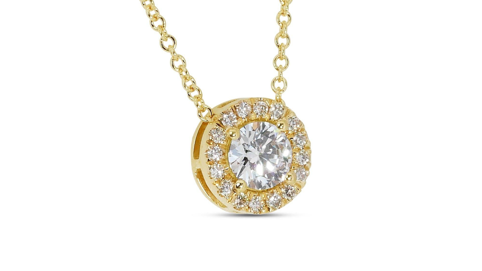 Round Cut Alluring 1.17ct Diamond Halo Necklace in 18k Yellow Gold - GIA Certified For Sale