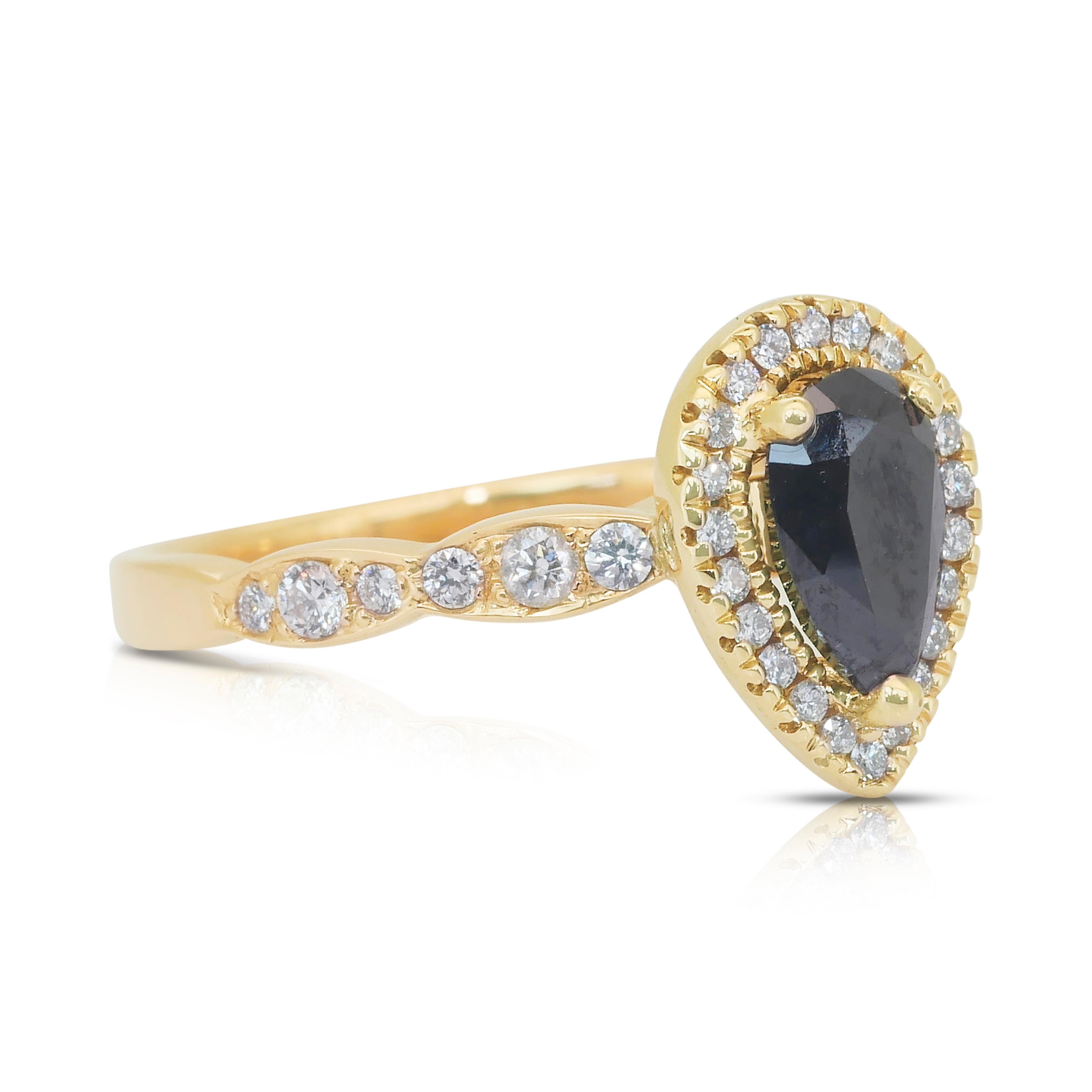 Taille poire Superbe bague halo de diamants de 1,18 carat en or jaune 14 carats, certifiée IGI en vente
