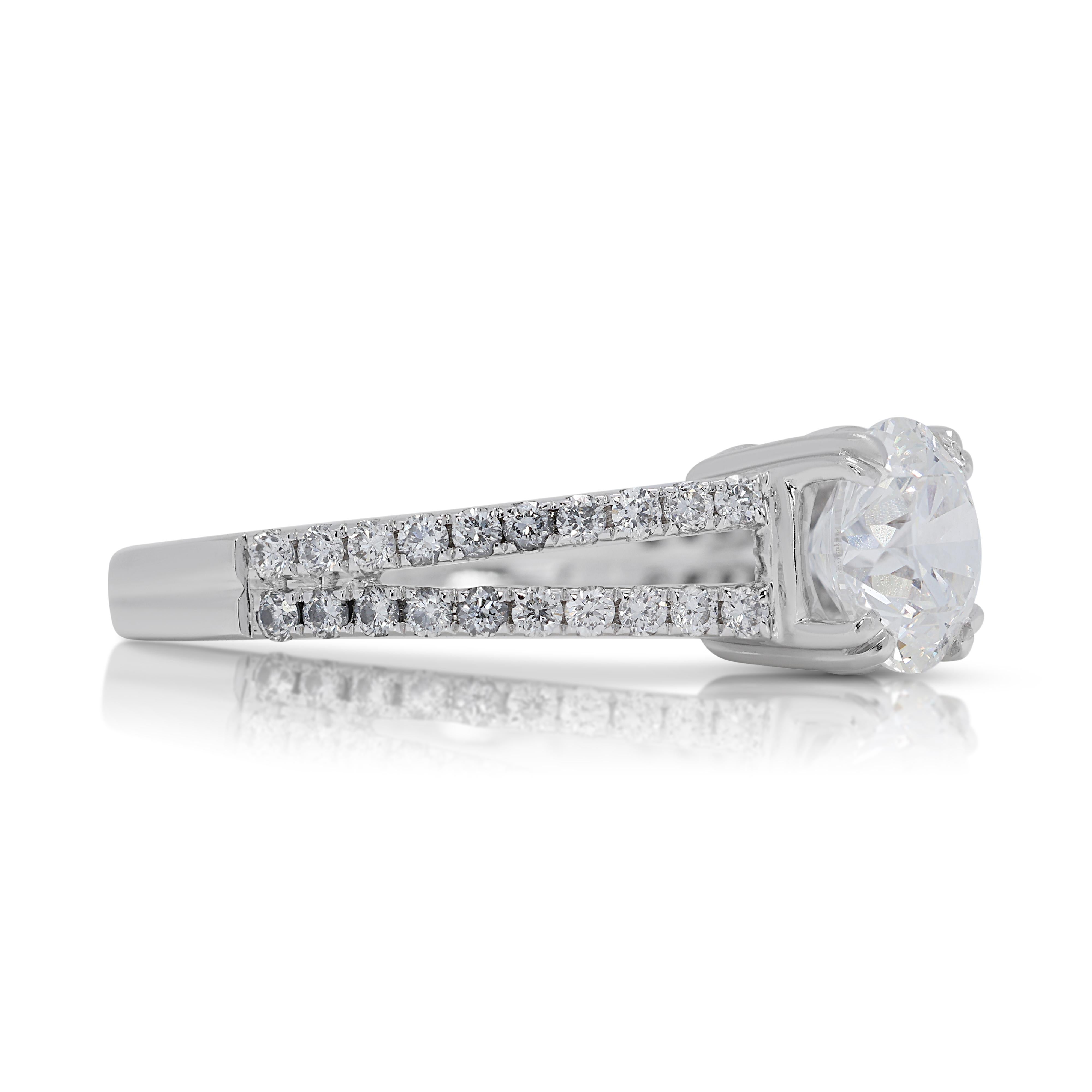 Round Cut Alluring 1.24ct Diamond Pave Ring with Side Diamonds in 18K White Gold For Sale