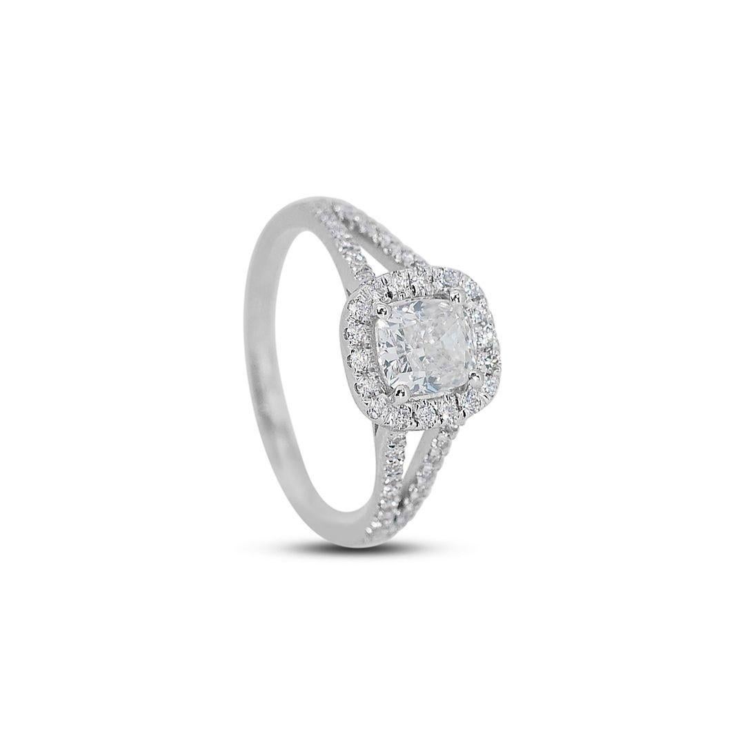 Cushion Cut Alluring 1.30ct Diamonds Halo Ring in 18k White Gold - GIA Certified For Sale