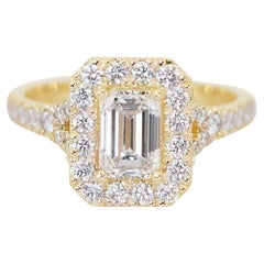 Superbe bague halo de diamants 1,32 carat en or jaune 18 carats, certifiée GIA