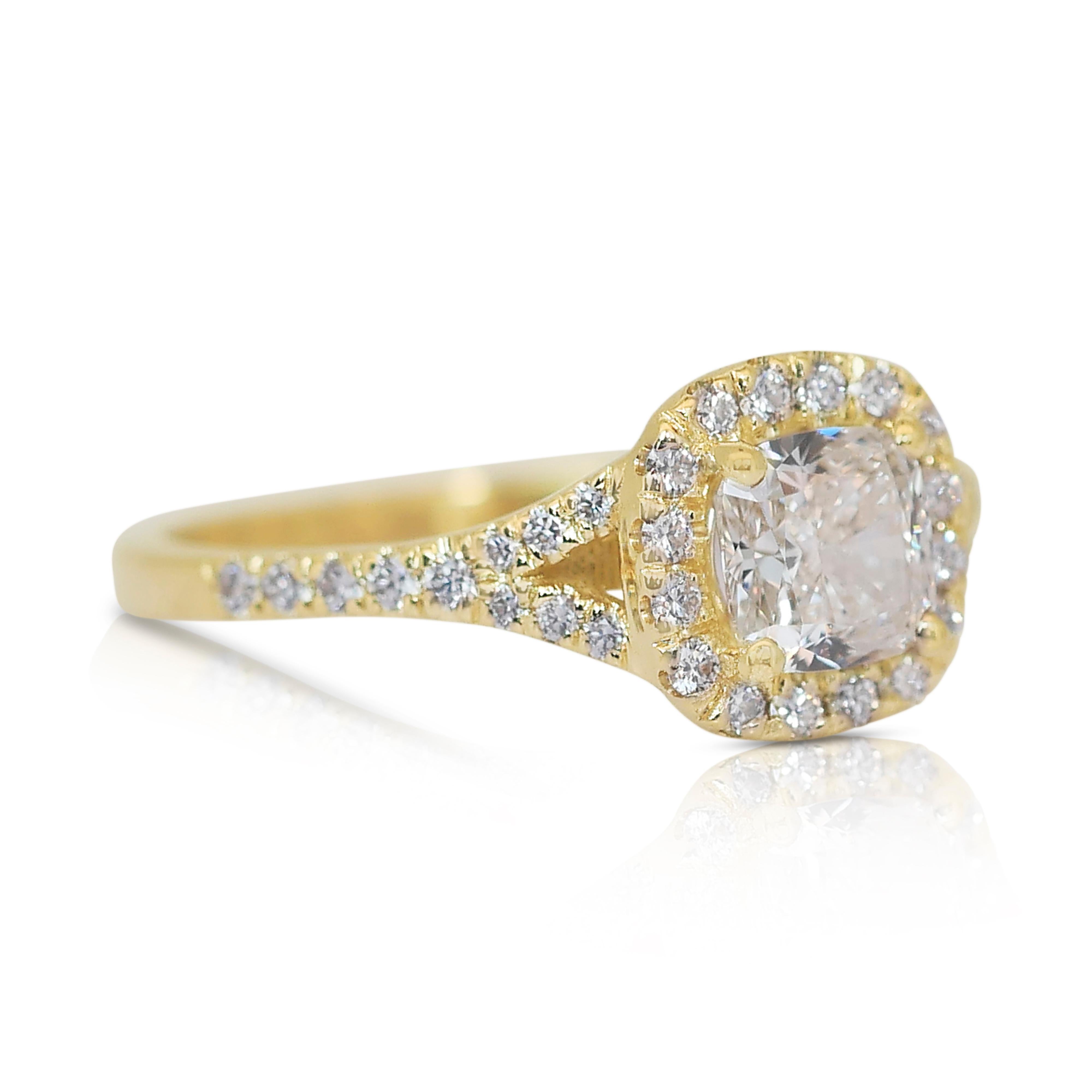 Alluring 1.33ct Double Excellent Ideal Cut Diamonds Halo Ring in 14k Yellow Gold - GIA Certified

Elevate your elegance with this stunning 14K yellow gold halo ring, featuring a captivating 1.00ct cushion-cut diamond at its center. With a double