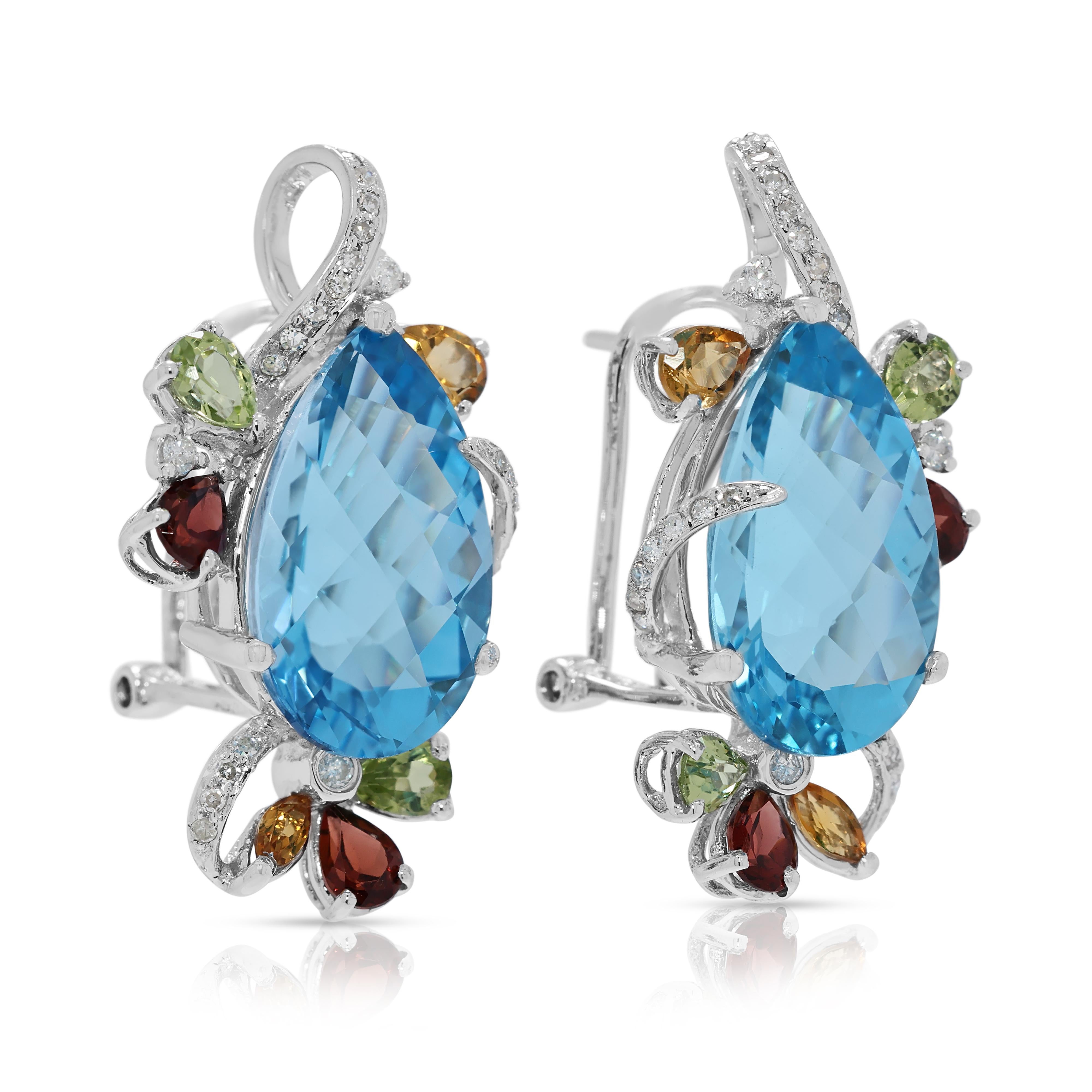 Taille poire Boucles d'oreilles Alluring 17.33ct Diamond & Multi-Gem avec Topaze Bleue en or blanc 18K en vente