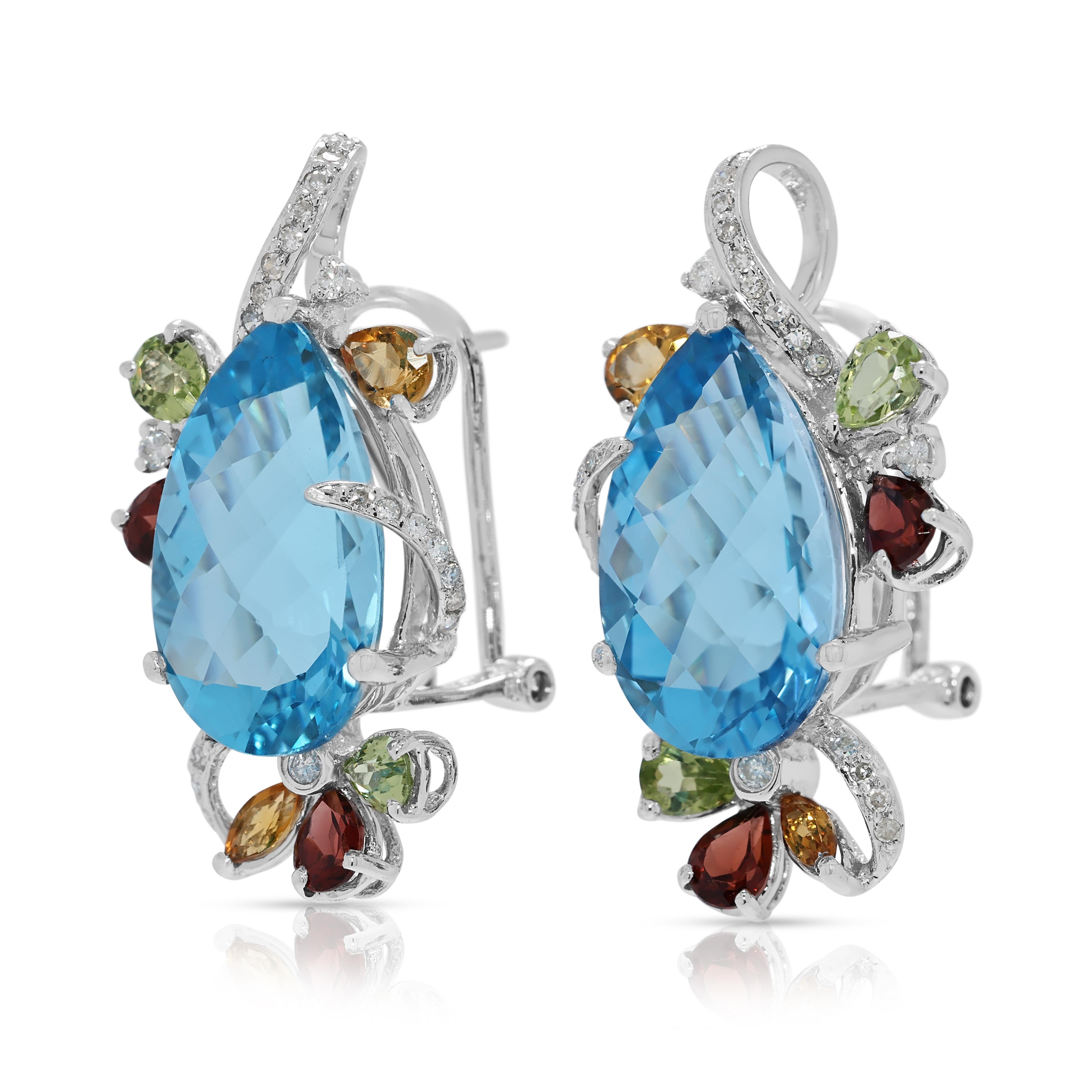 Boucles d'oreilles Alluring 17.33ct Diamond & Multi-Gem avec Topaze Bleue en or blanc 18K Excellent état - En vente à רמת גן, IL