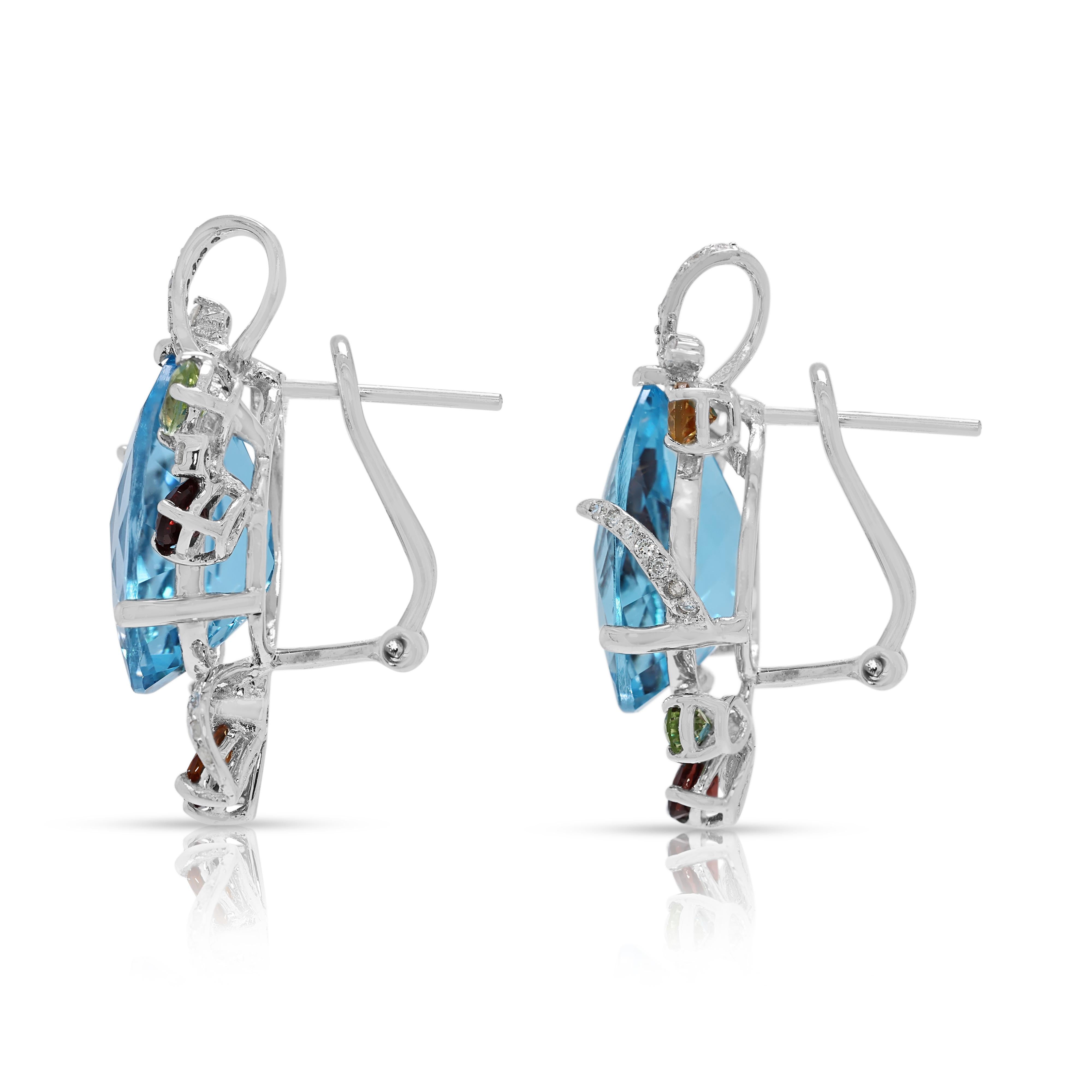 Boucles d'oreilles Alluring 17.33ct Diamond & Multi-Gem avec Topaze Bleue en or blanc 18K Pour femmes en vente