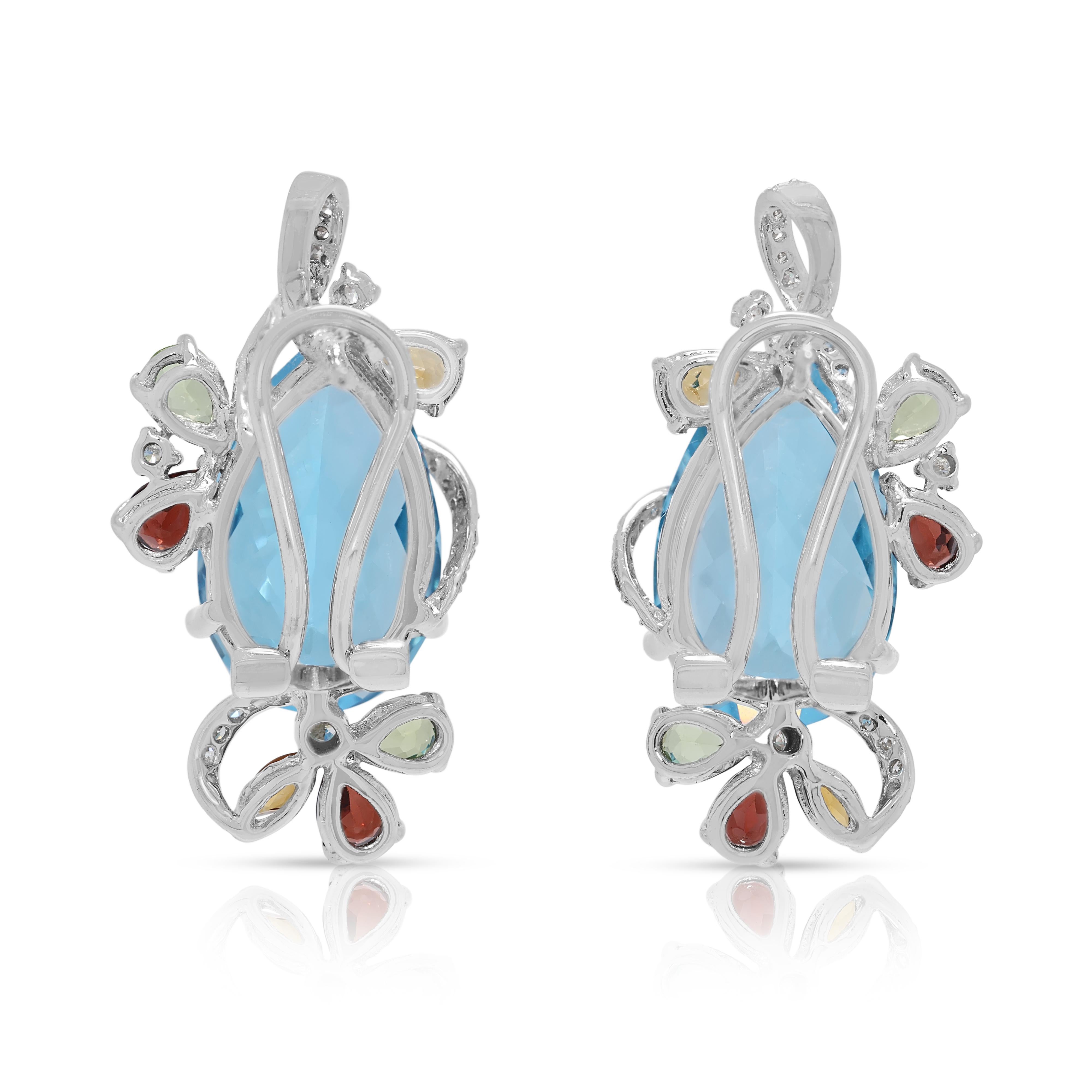 Boucles d'oreilles Alluring 17.33ct Diamond & Multi-Gem avec Topaze Bleue en or blanc 18K en vente 1