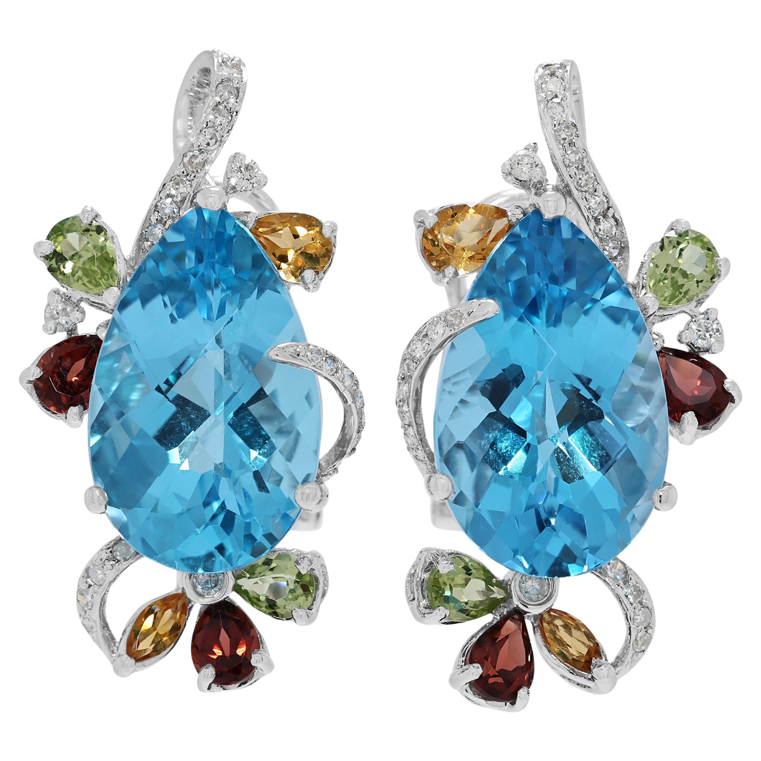 Alluring 17.33ct Diamond 
Multi-Gem Earrings with Blue Topaz in 18K White Gold
