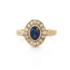 Alluring 18K Solid Yellow Gold Blue Sapphire Diamond Ring, Yellow Gold Ring