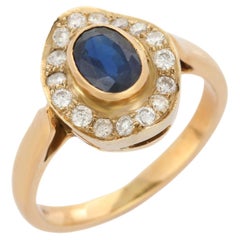Alluring 18K Solid Yellow Gold Blue Sapphire Diamond Ring, Yellow Gold Ring